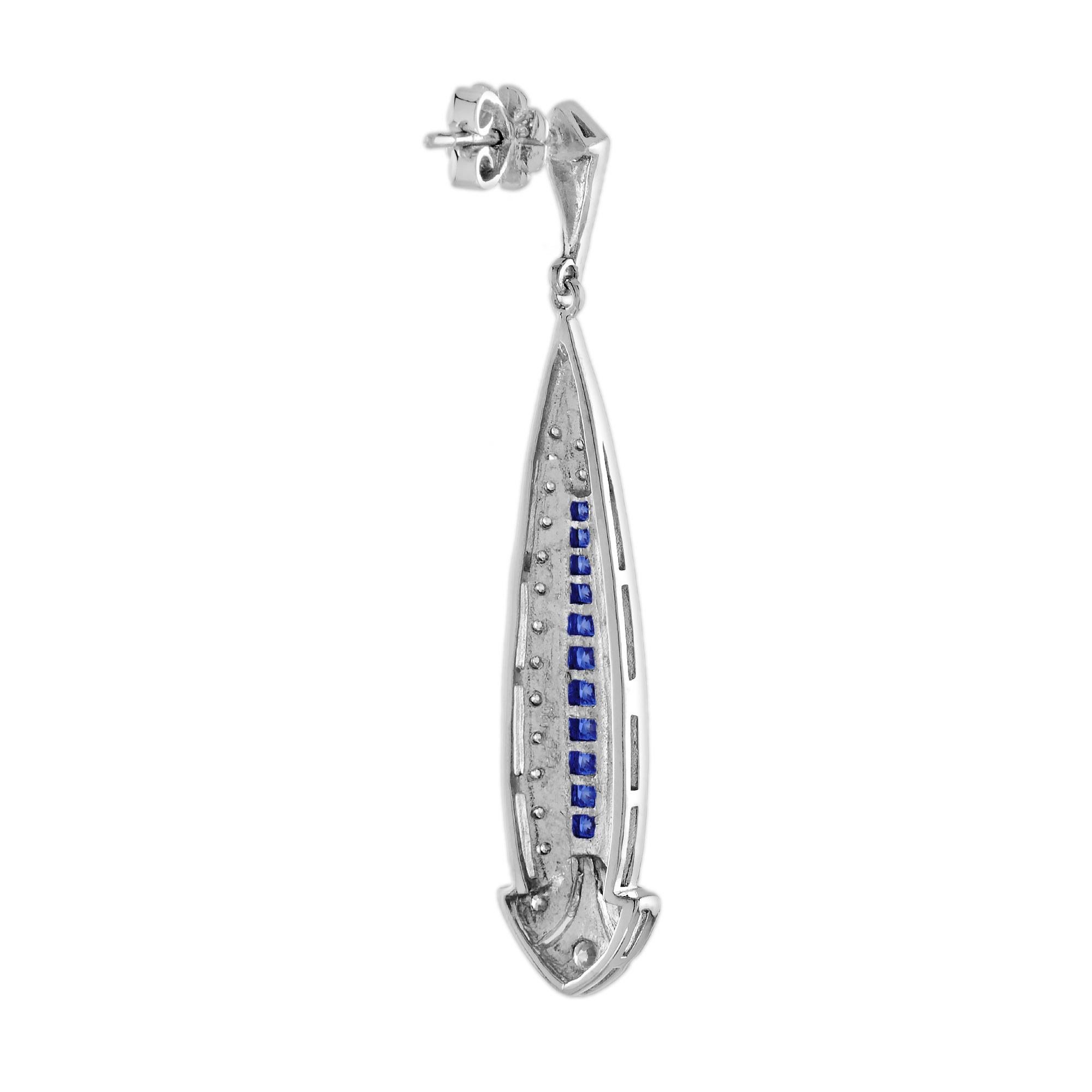Blue Sapphire and Diamond Art Deco Style Drop Earrings in 18K White Gold In New Condition For Sale In Bangkok, TH