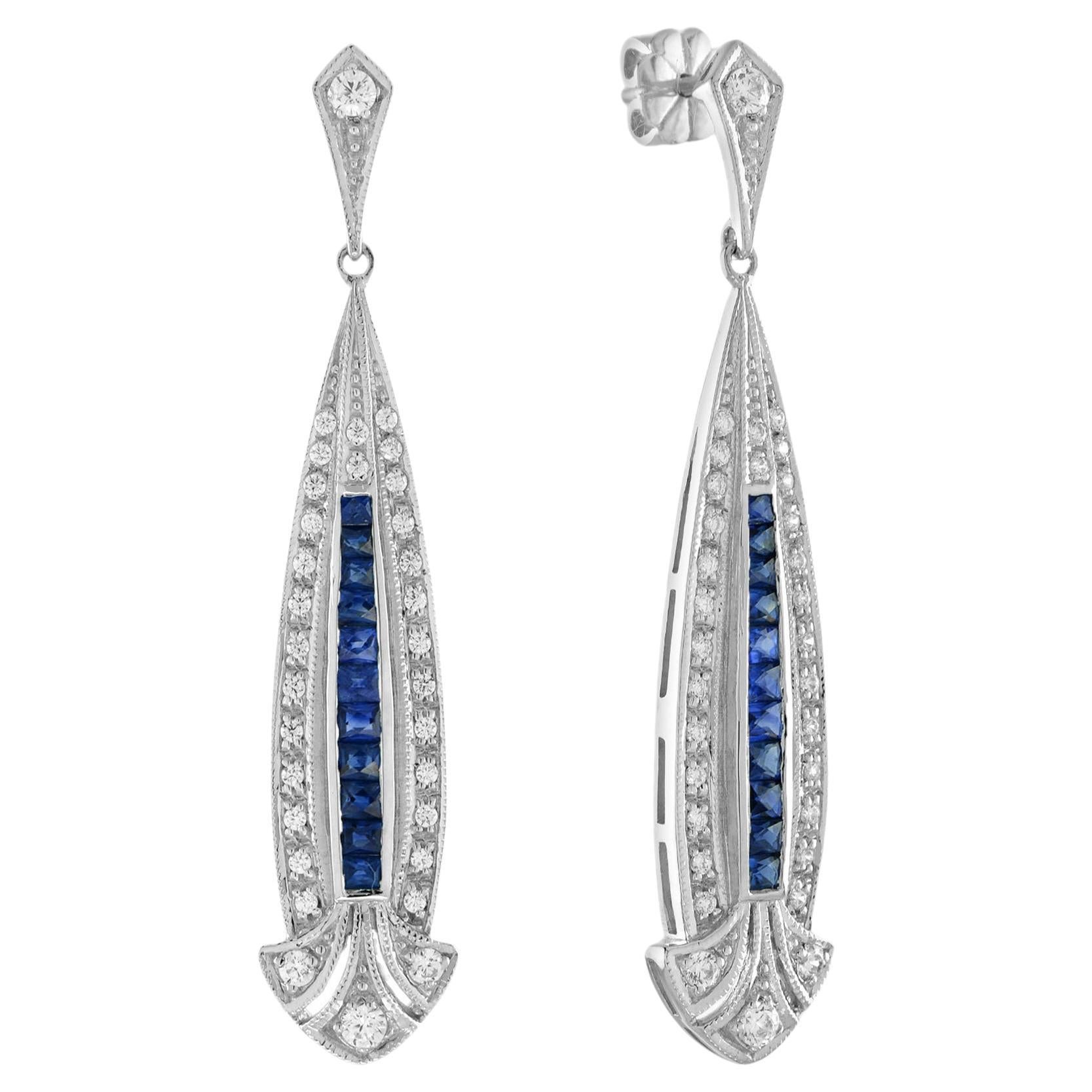 Blue Sapphire and Diamond Art Deco Style Drop Earrings in 18K White Gold For Sale