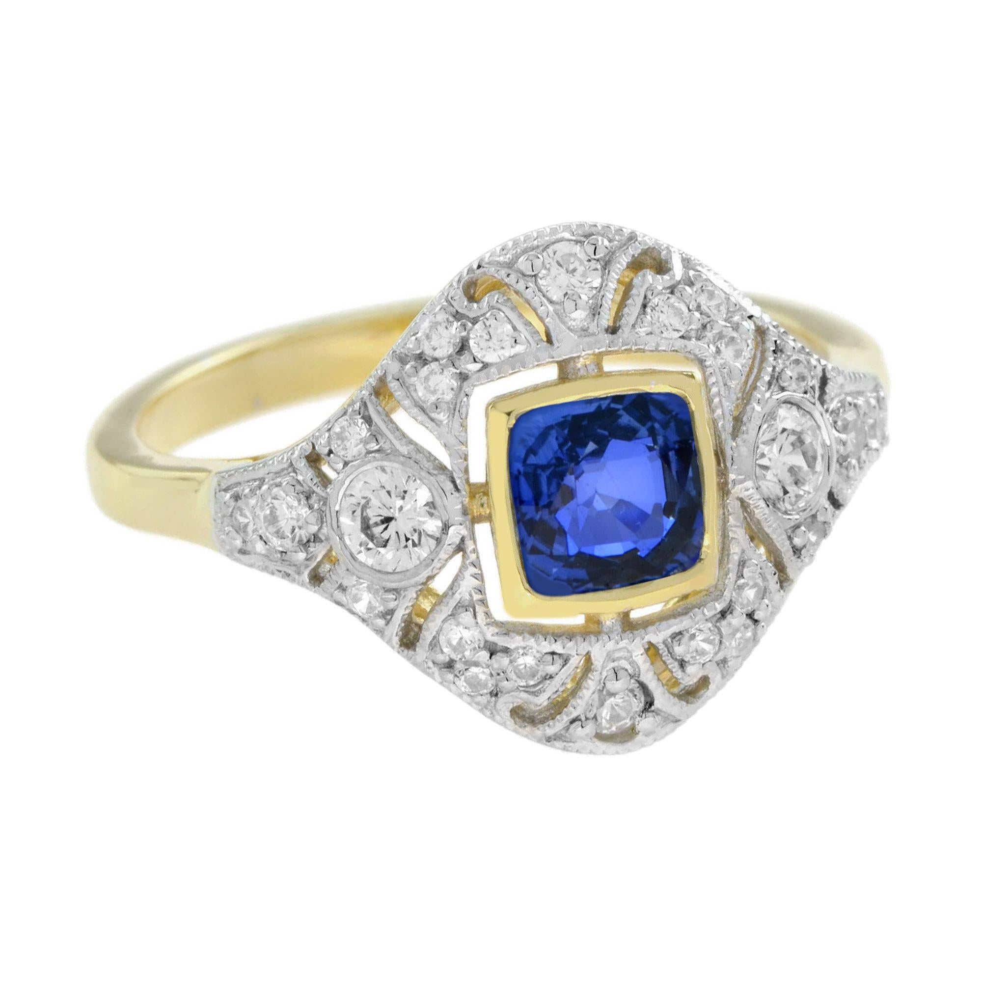 Cushion Cut Blue Sapphire and Diamond Art Deco Style Engagement Ring in 14K Two Tone Gold For Sale