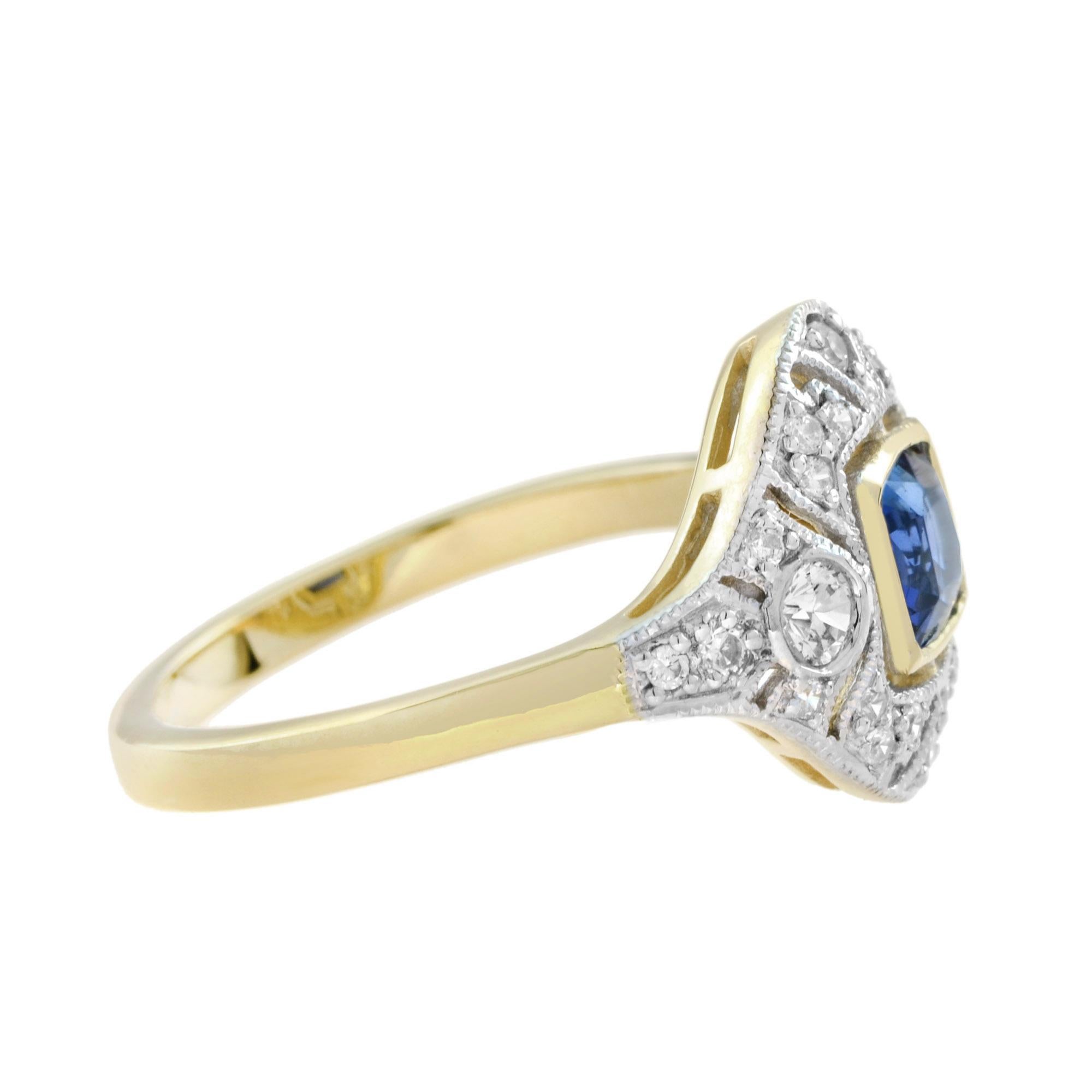 Blue Sapphire and Diamond Art Deco Style Engagement Ring in 14K Two Tone Gold In New Condition For Sale In Bangkok, TH