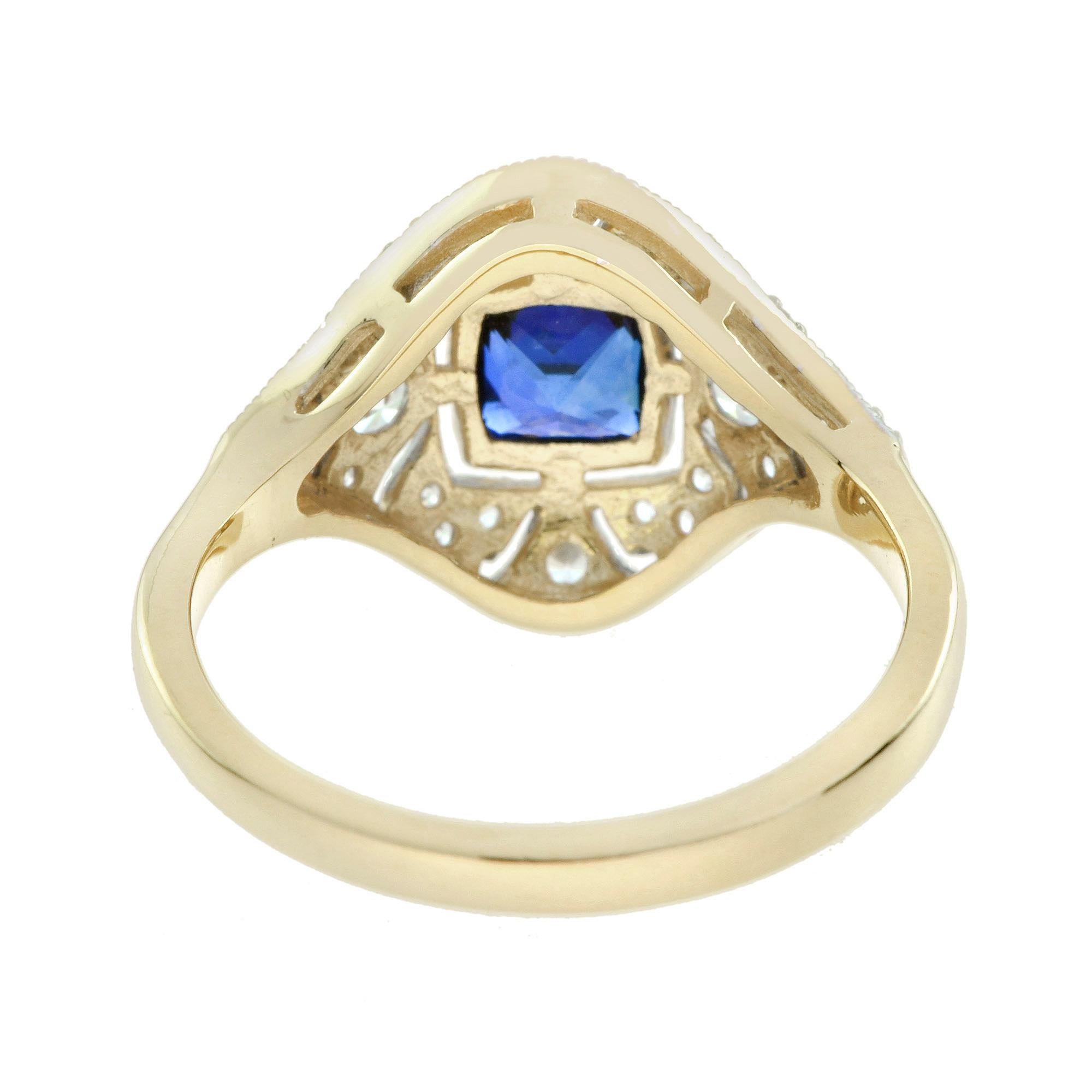 Women's Blue Sapphire and Diamond Art Deco Style Engagement Ring in 14K Two Tone Gold For Sale