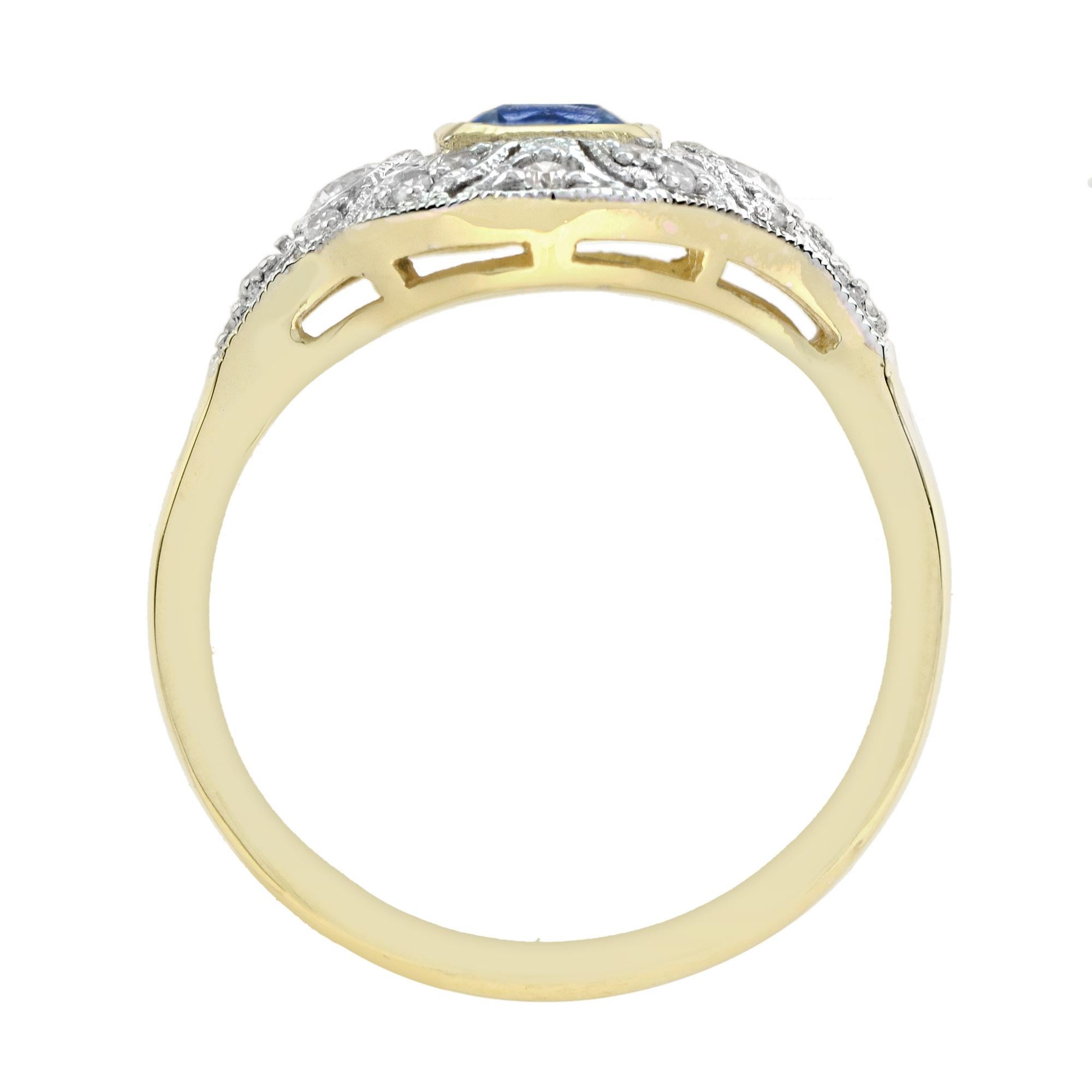 Blue Sapphire and Diamond Art Deco Style Engagement Ring in 14K Two Tone Gold For Sale 1
