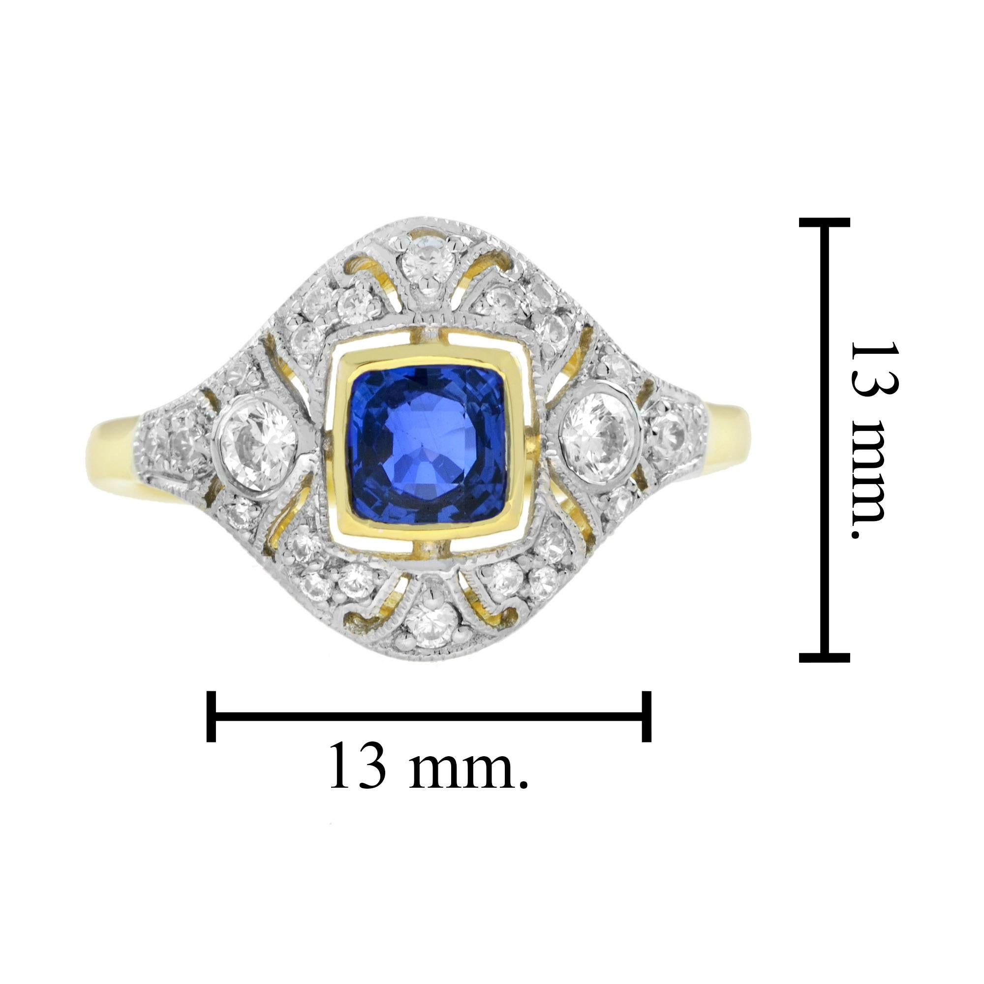 Blue Sapphire and Diamond Art Deco Style Engagement Ring in 14K Two Tone Gold For Sale 2