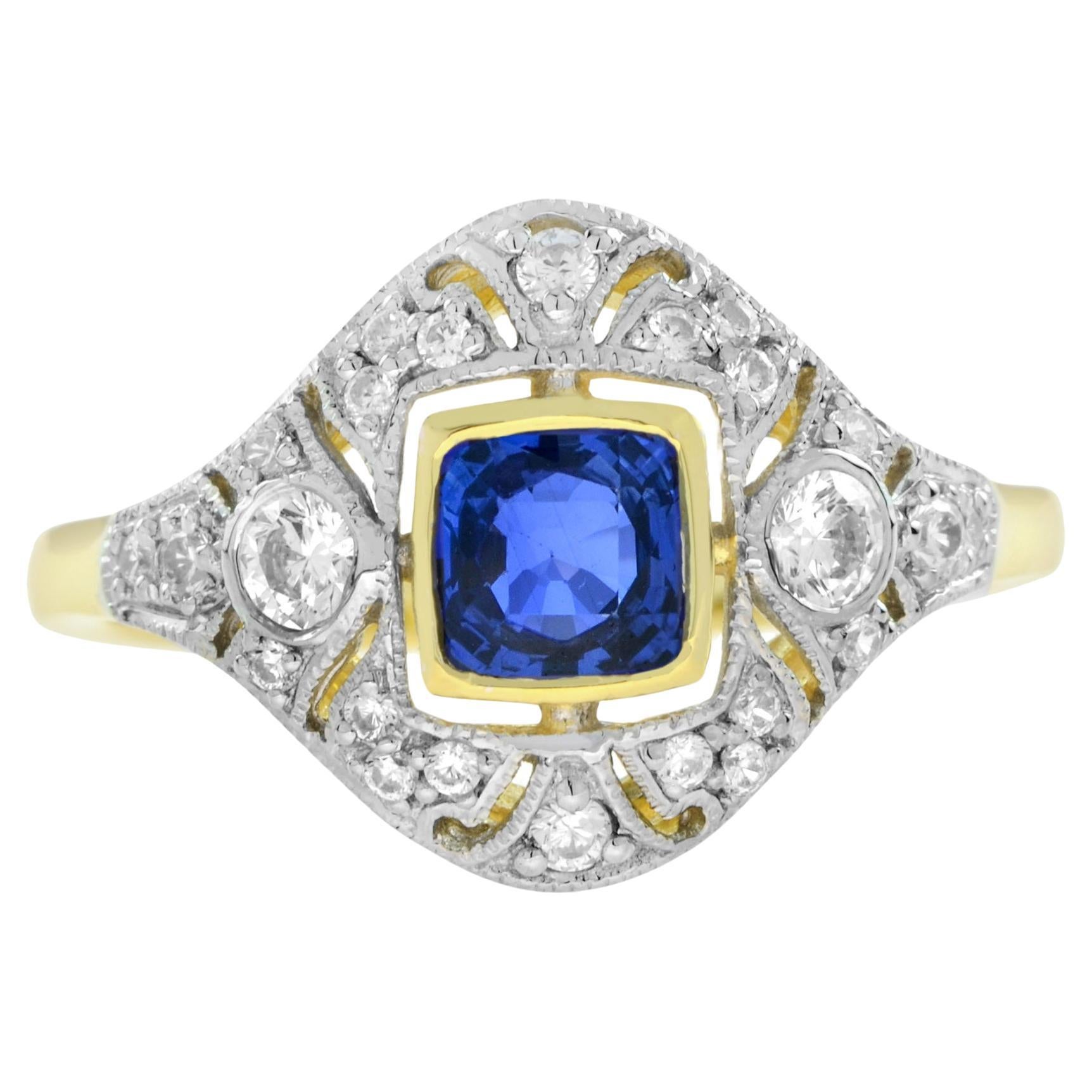 Blue Sapphire and Diamond Art Deco Style Engagement Ring in 14K Two Tone Gold For Sale