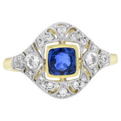 Verlobungsring aus 14 Karat zweifarbigem Gold mit blauem Saphir und Diamant im Art-déco-Stil