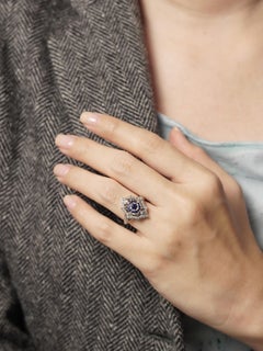 Blue Sapphire and Diamond Art Deco Style Filigree Engagement Ring in 14K Gold