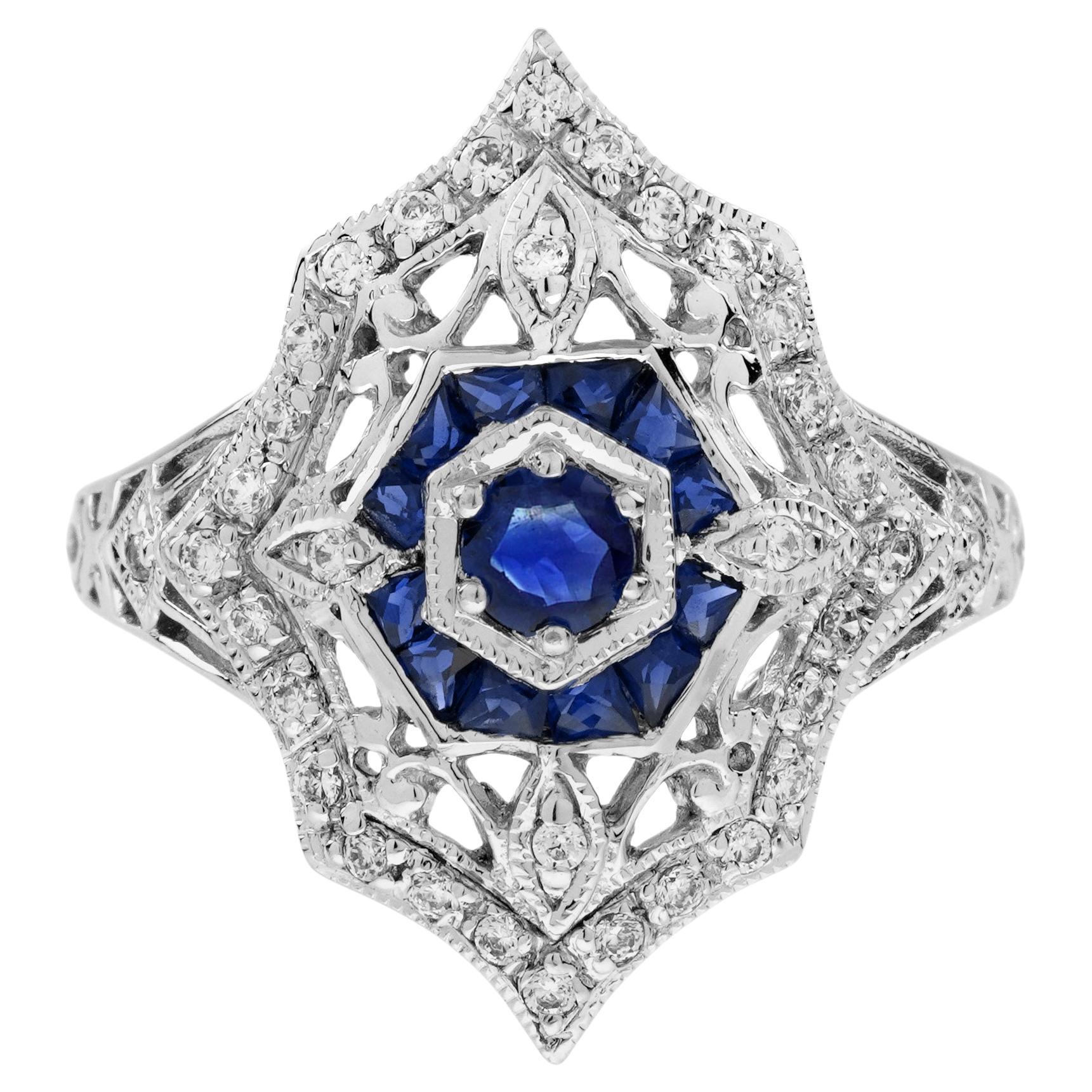 Bague de fiançailles en or 14 carats, saphir bleu et diamant, style Art déco, filigrane