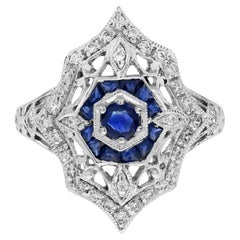 Blue Sapphire and Diamond Art Deco Style Filigree Engagement Ring in 14K Gold
