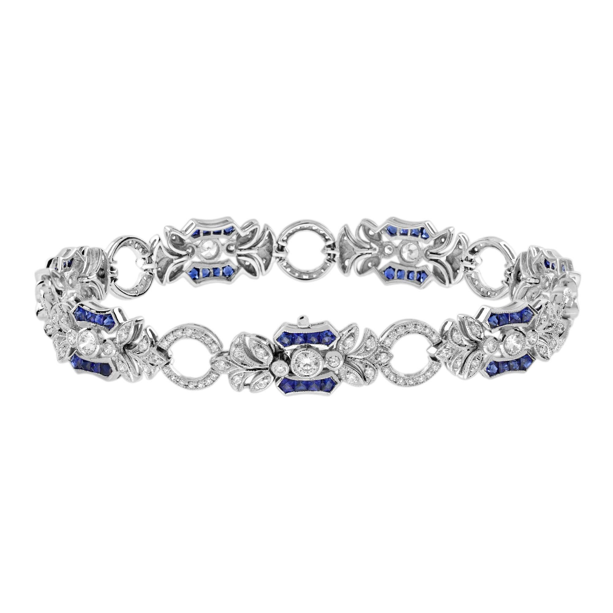 Round Cut Blue Sapphire and Diamond Art Deco Style Floral Link Bracelet in 18K White Gold For Sale