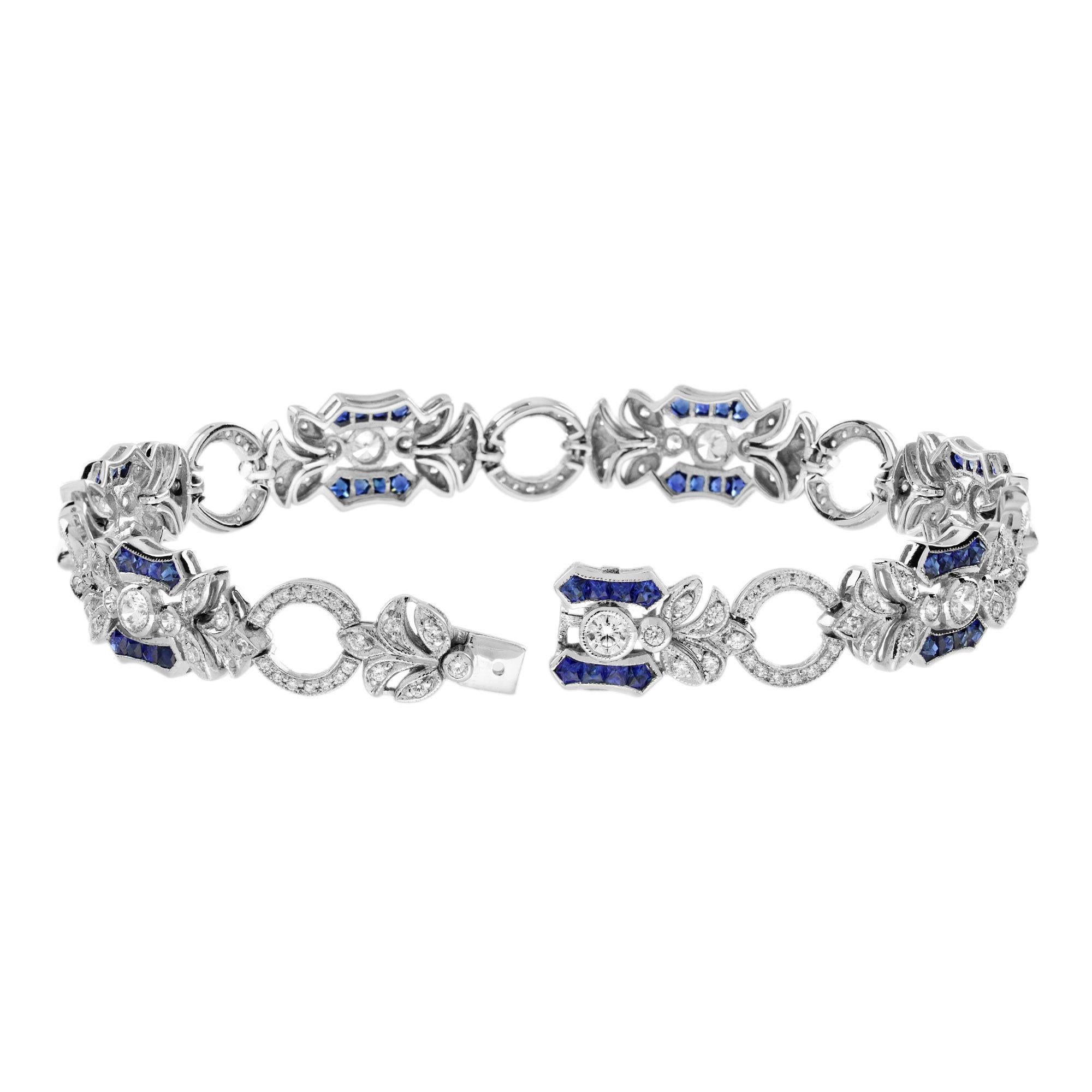 Blue Sapphire and Diamond Art Deco Style Floral Link Bracelet in 18K White Gold In New Condition For Sale In Bangkok, TH