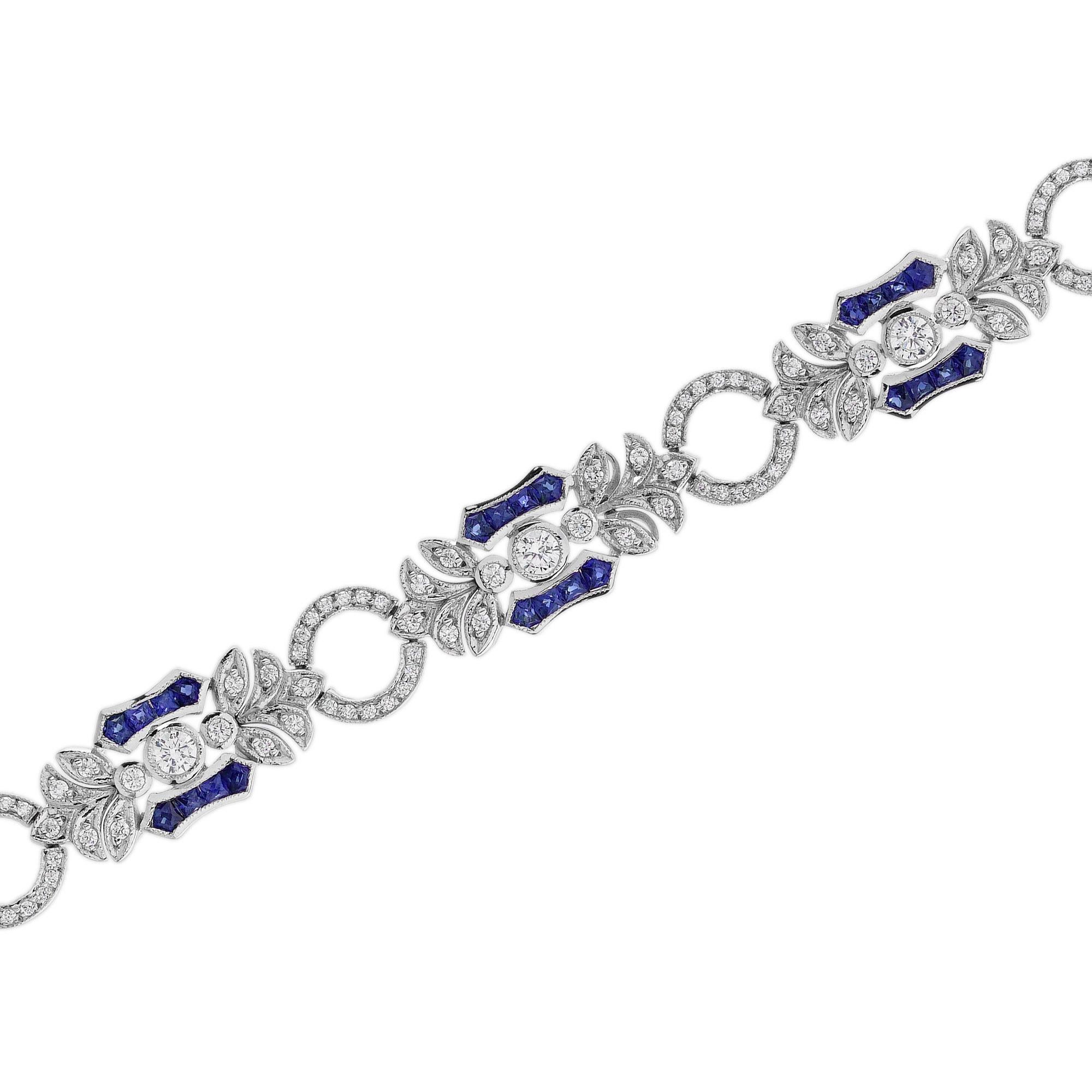 Women's Blue Sapphire and Diamond Art Deco Style Floral Link Bracelet in 18K White Gold For Sale