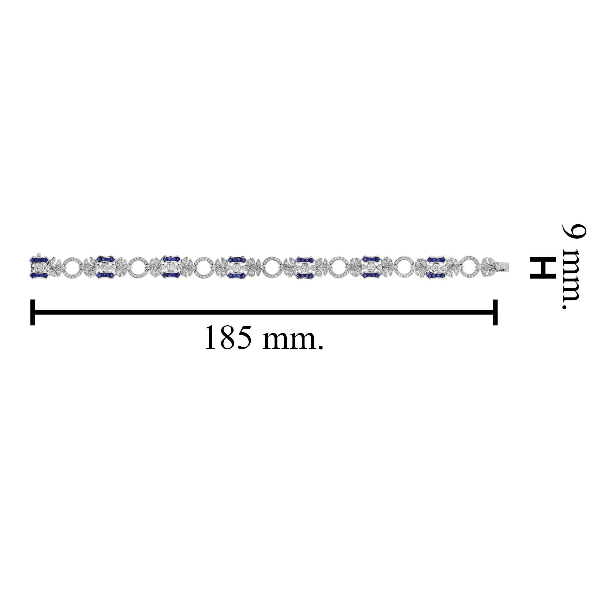 Blue Sapphire and Diamond Art Deco Style Floral Link Bracelet in 18K White Gold For Sale 1