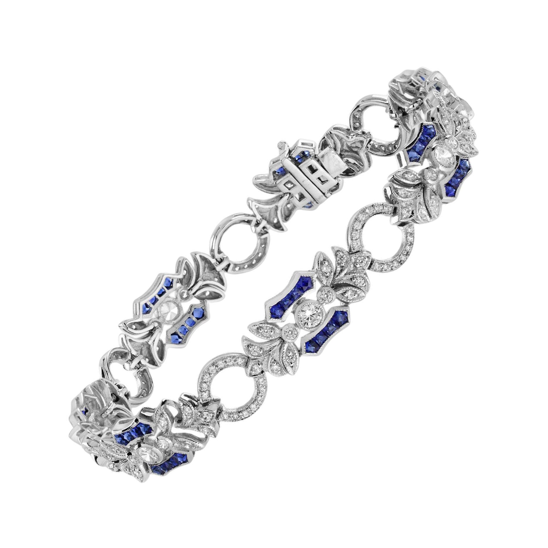 Pulsera de eslabones florales estilo Art Déco de zafiro azul y diamantes en oro blanco de 18 quilates en venta