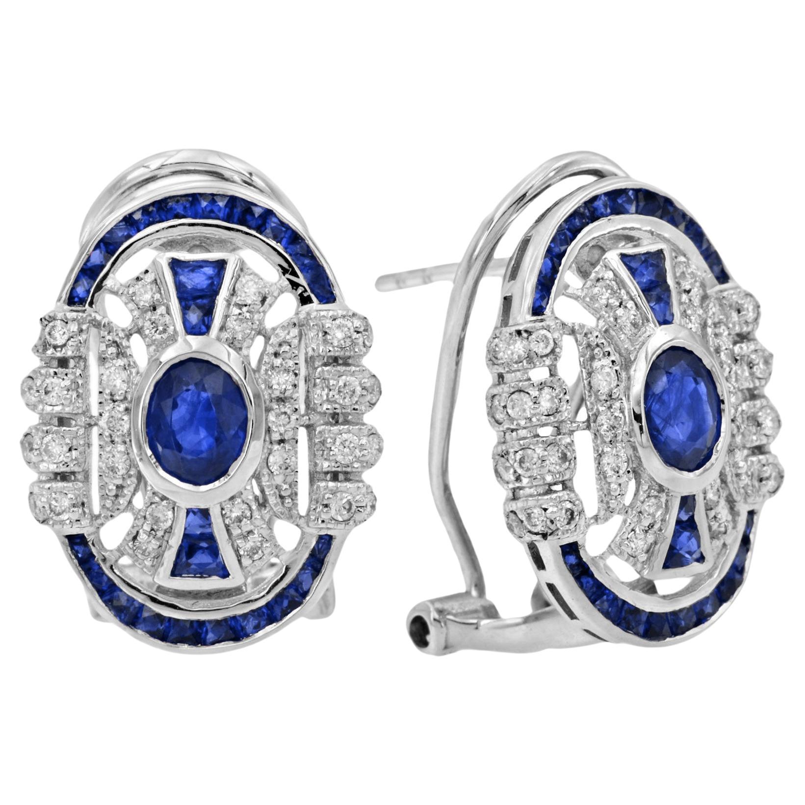 Blue Sapphire and Diamond Art Deco Style Omega Earrings in 18K White Gold For Sale