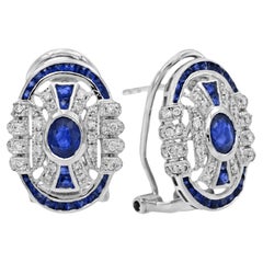 Blue Sapphire and Diamond Art Deco Style Omega Earrings in 18K White Gold