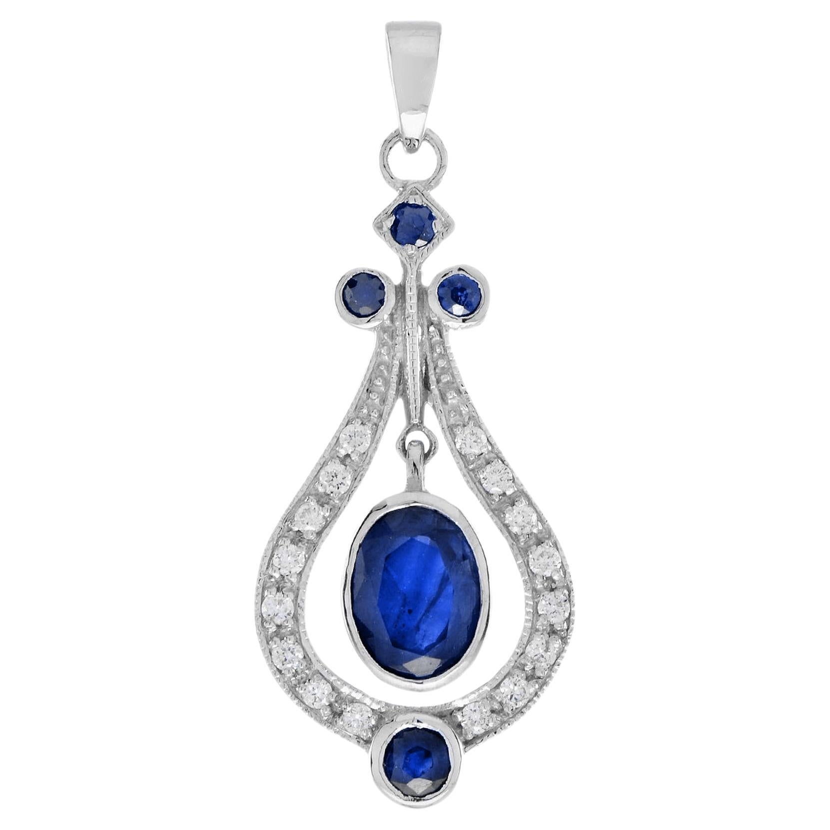 Blue Sapphire and Diamond Art Deco Style Pendant in 18K White Gold