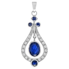 Blue Sapphire and Diamond Art Deco Style Pendant in 18K White Gold