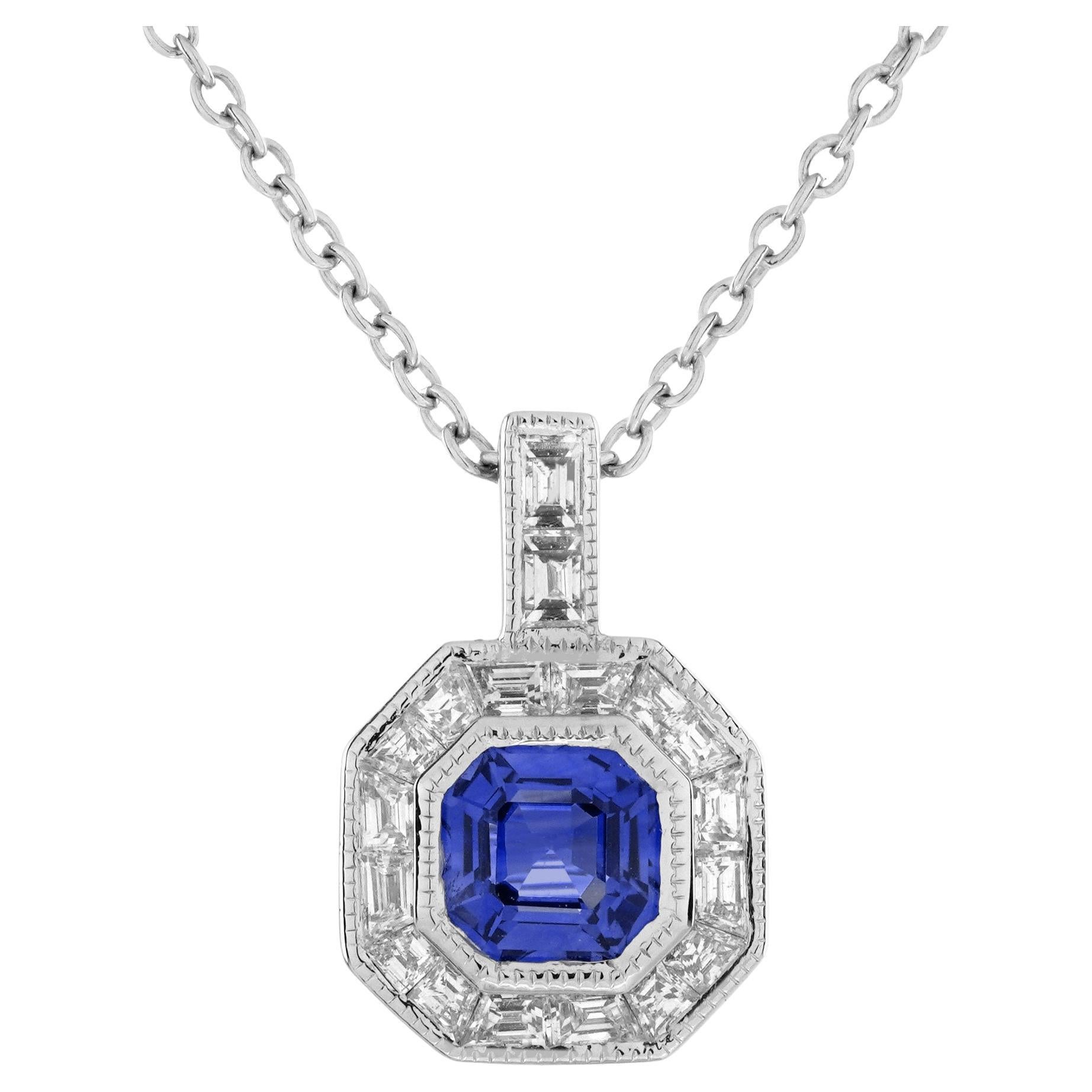 Blue Sapphire and Diamond Art Deco Style Pendant Necklace in 18K White Gold