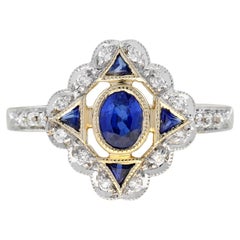 Blue Sapphire and Diamond Art Deco Style Ring in 14K Yellow Gold
