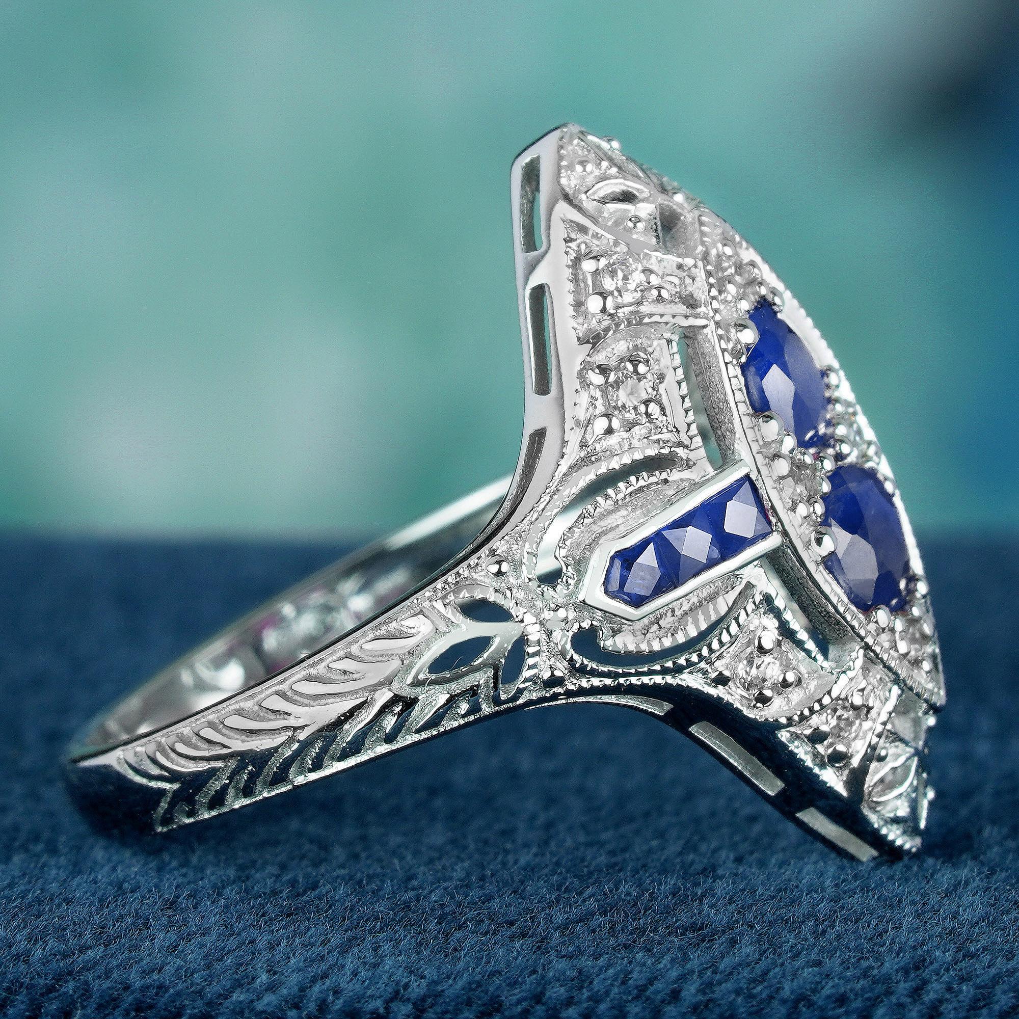 Taglio rotondo Anello in stile Art Deco con zaffiro blu e diamante in oro massiccio 14K Whiting in vendita