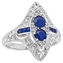 Blauer Saphir und Diamant Ring im Art Deco Stil aus massivem 14K Weißgold