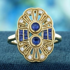 Blue Sapphire and Diamond Art Deco Style  Ring in Solid 14K Yellow Gold
