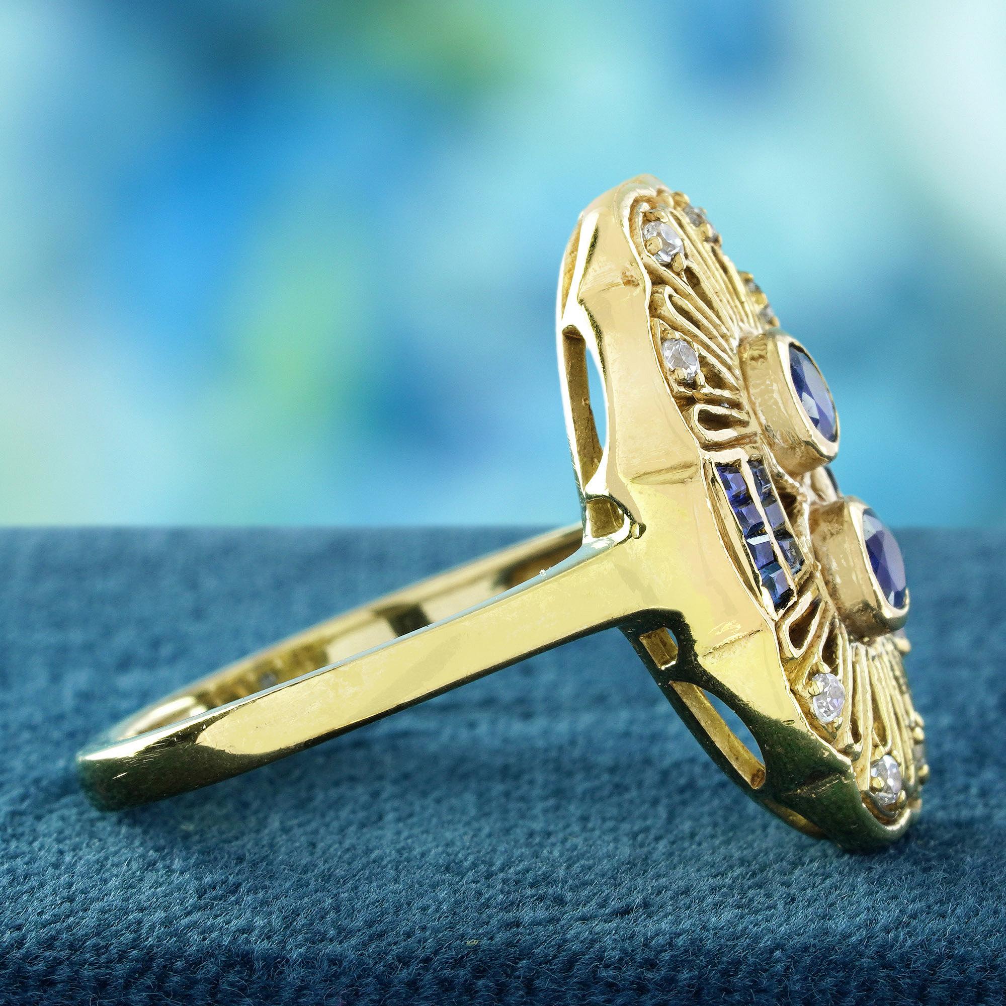 Round Cut Blue Sapphire and Diamond Art Deco Style  Ring in Solid 14K Yellow Gold For Sale