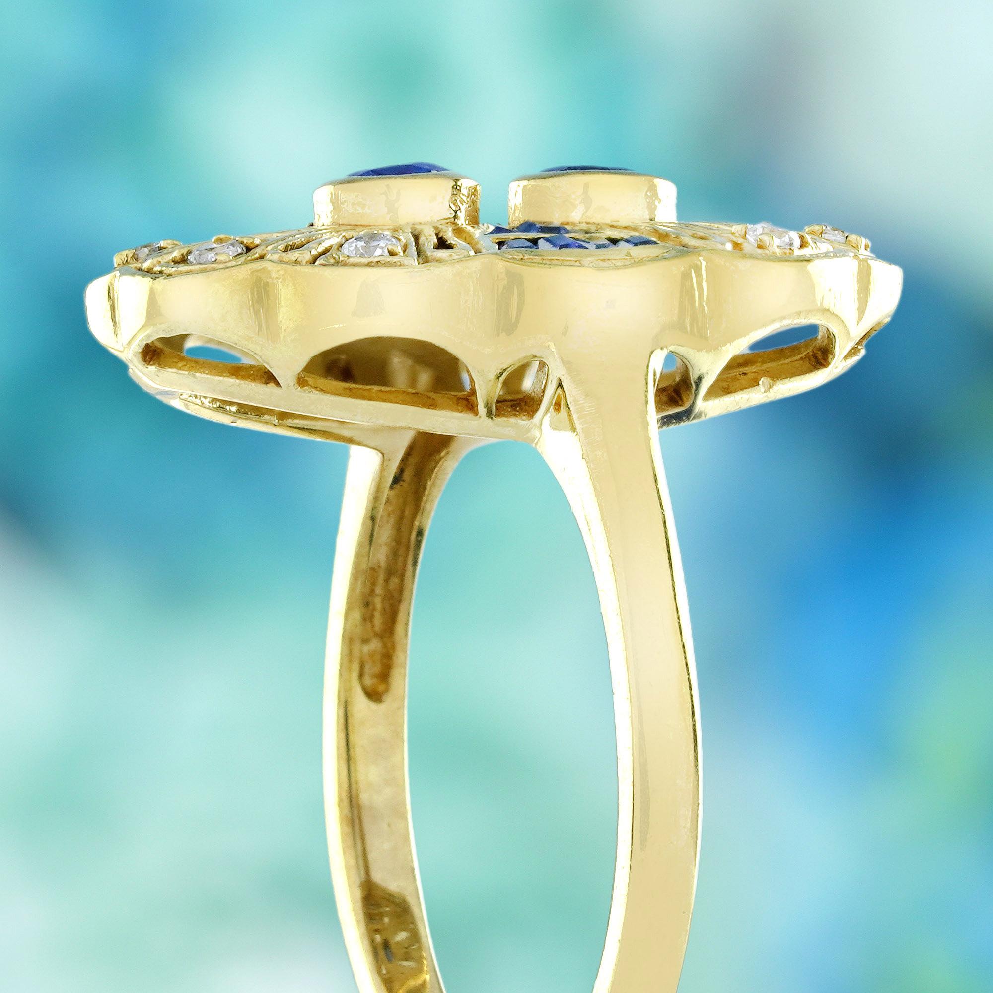 Women's Blue Sapphire and Diamond Art Deco Style  Ring in Solid 14K Yellow Gold For Sale