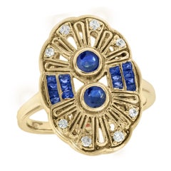 Blue Sapphire and Diamond Art Deco Style  Ring in Solid 14K Yellow Gold