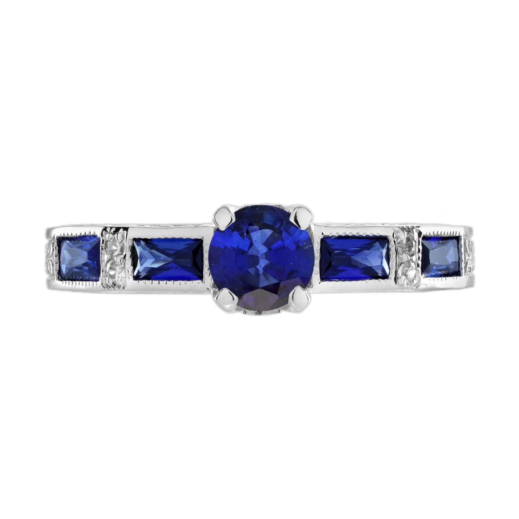 Bague de fiançailles solitaire en or 14 carats, saphir bleu et diamant, style Art déco en vente 2