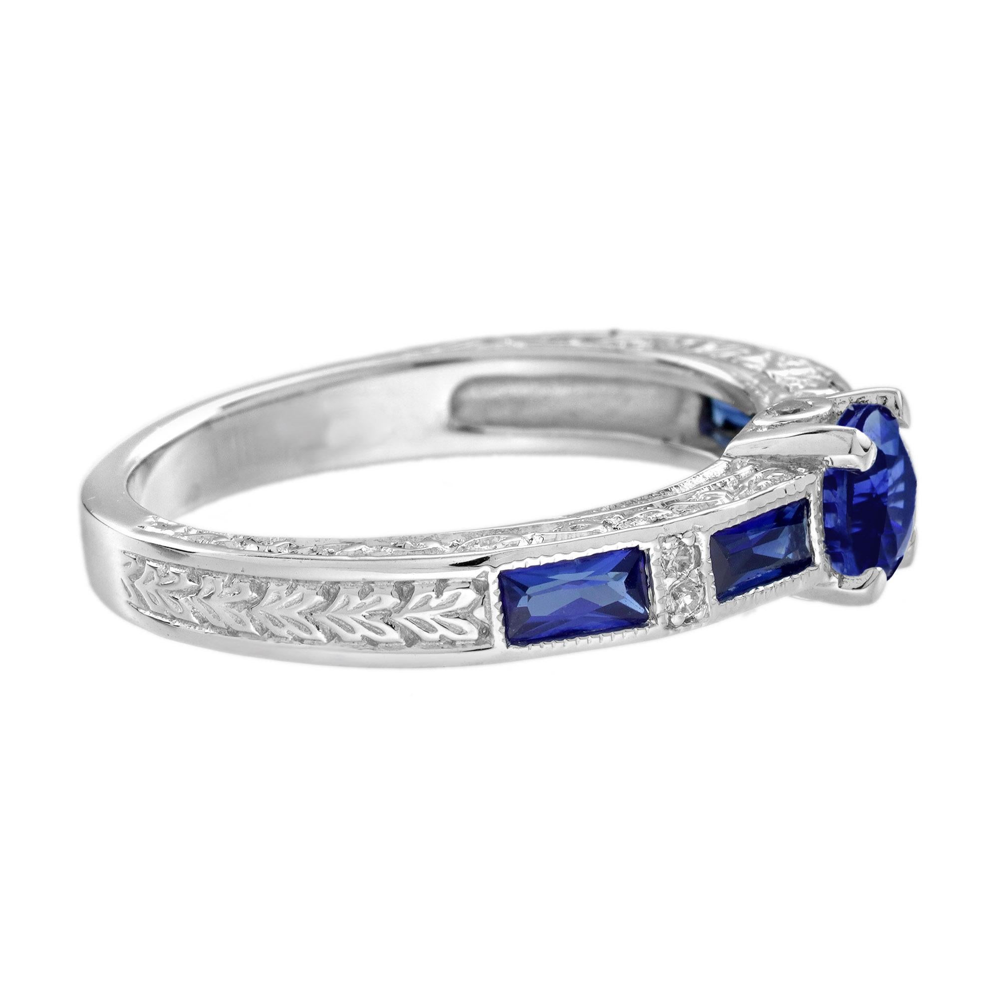 Bague de fiançailles solitaire en or 14 carats, saphir bleu et diamant, style Art déco en vente 3
