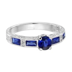 Bague de fiançailles solitaire en or 14 carats, saphir bleu et diamant, style Art déco