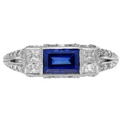 Blue Sapphire and Diamond Art Deco Style Solitaire Ring in 14K White Gold 