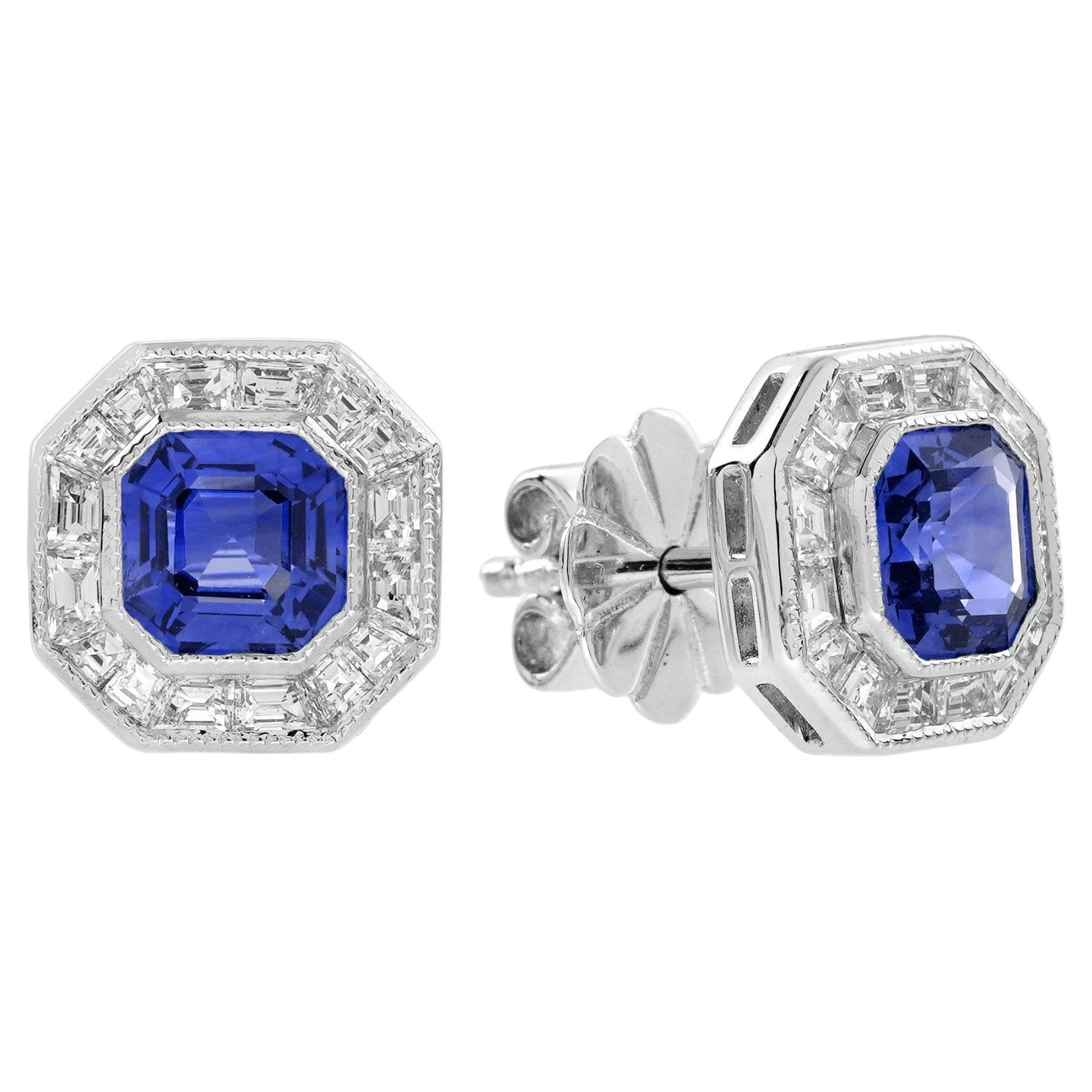 Blue Sapphire and Diamond Art Deco Style Stud Earrings in 18K White Gold