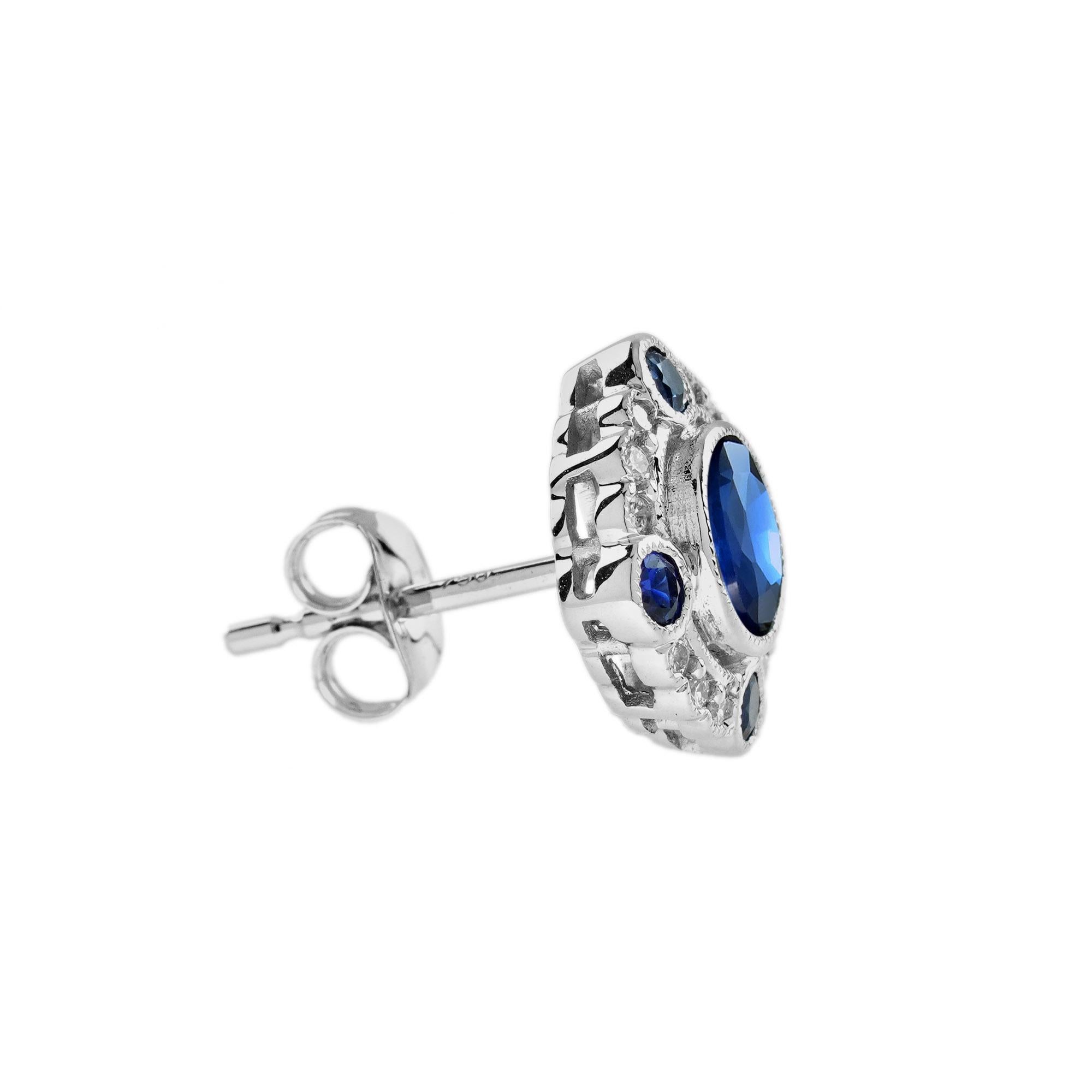 Round Cut Blue Sapphire and Diamond Art Deco Style Target Stud Earrings in 18K White Gold For Sale
