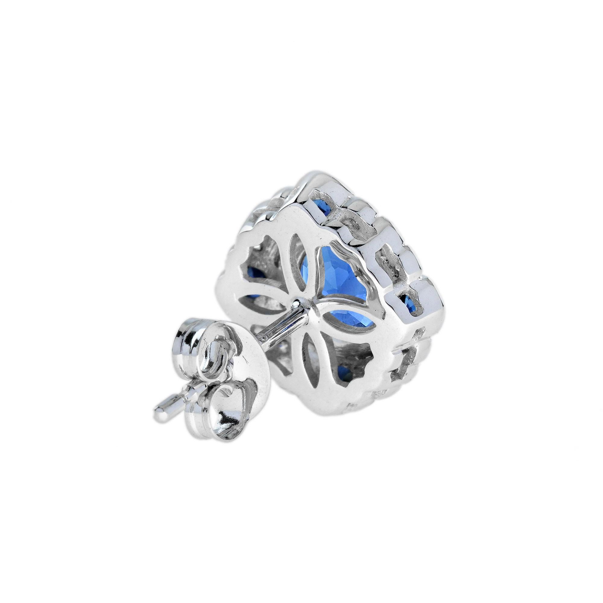 Blue Sapphire and Diamond Art Deco Style Target Stud Earrings in 18K White Gold In New Condition For Sale In Bangkok, TH