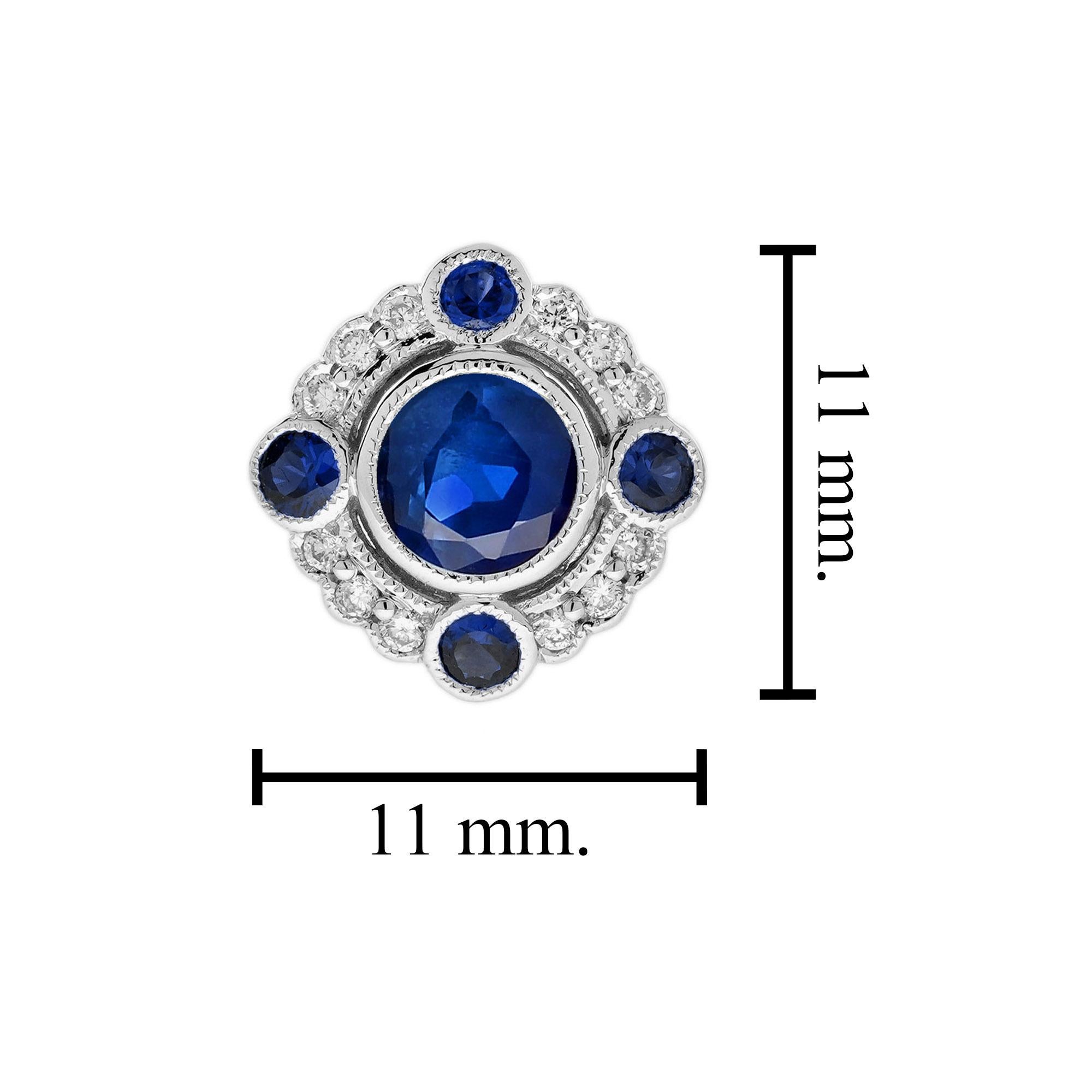 Women's Blue Sapphire and Diamond Art Deco Style Target Stud Earrings in 18K White Gold For Sale