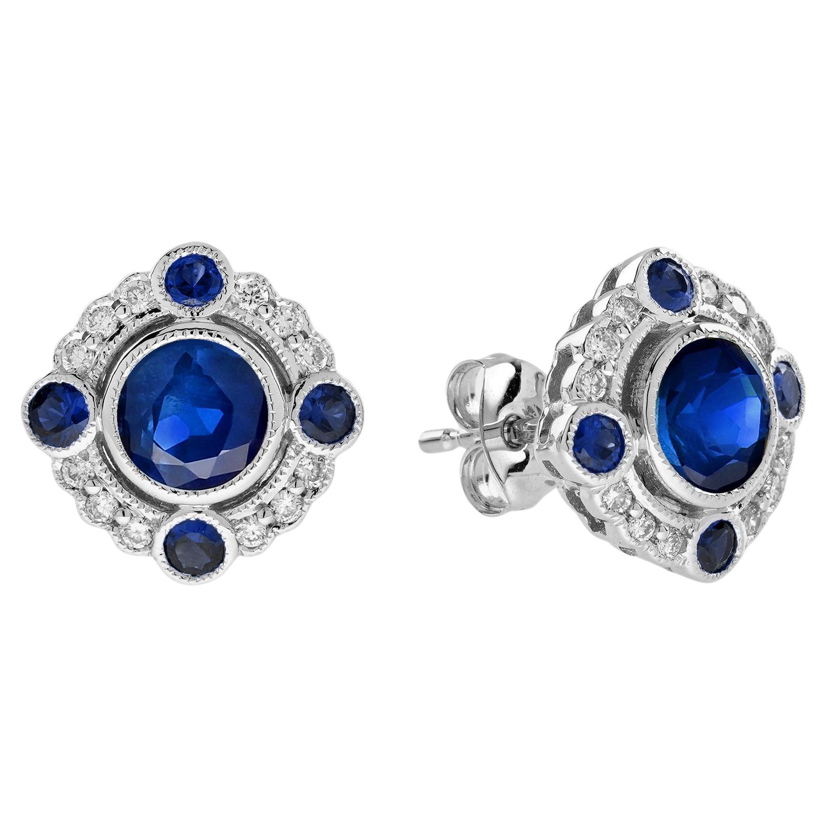 Blue Sapphire and Diamond Art Deco Style Target Stud Earrings in 18K White Gold