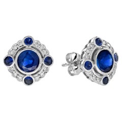 Ohrstecker mit blauem Saphir und Diamant im Art-Déco-Stil aus 18 Karat Weißgold