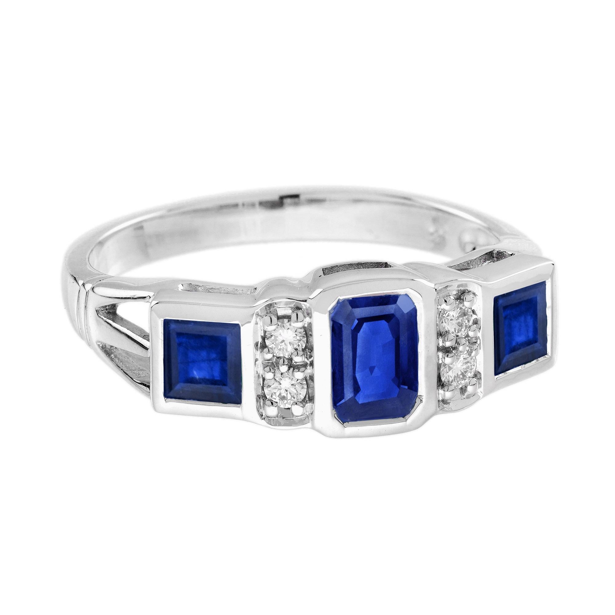 Emerald Cut Blue Sapphire and Diamond Art Deco Style Three Stone Ring in 14K White Gold For Sale