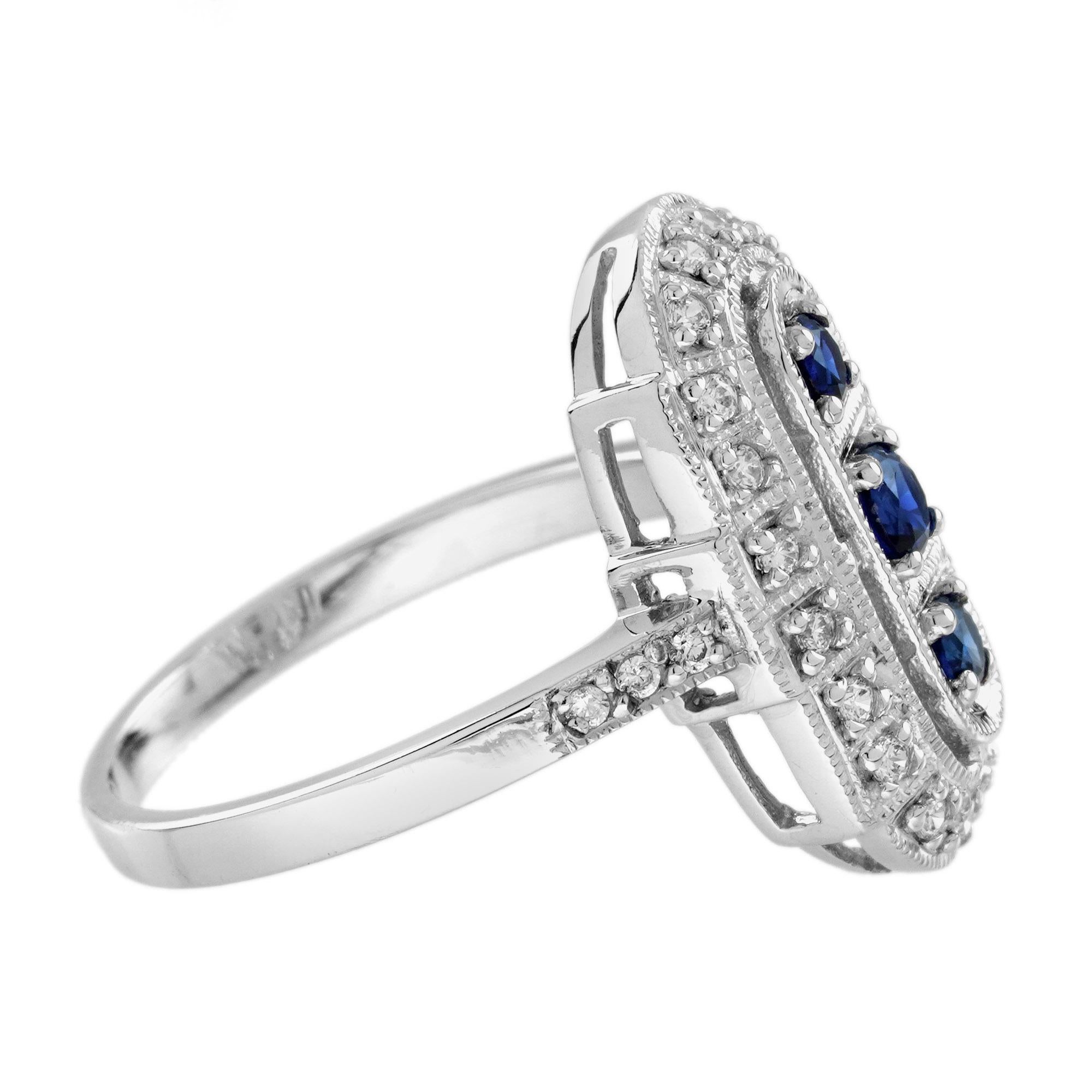 Blue Sapphire and Diamond Art Deco Style Three Stone Ring in 14K White Gold In New Condition For Sale In Bangkok, TH