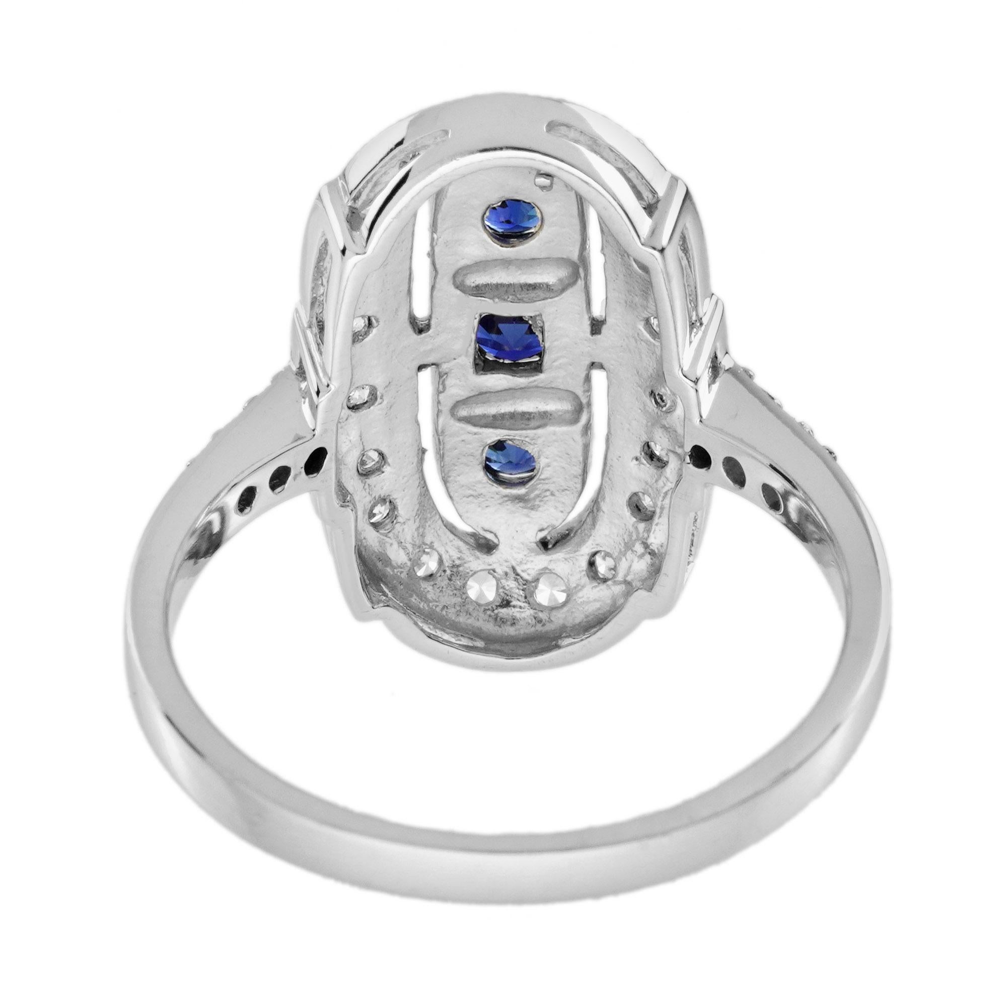 Women's Blue Sapphire and Diamond Art Deco Style Three Stone Ring in 14K White Gold For Sale