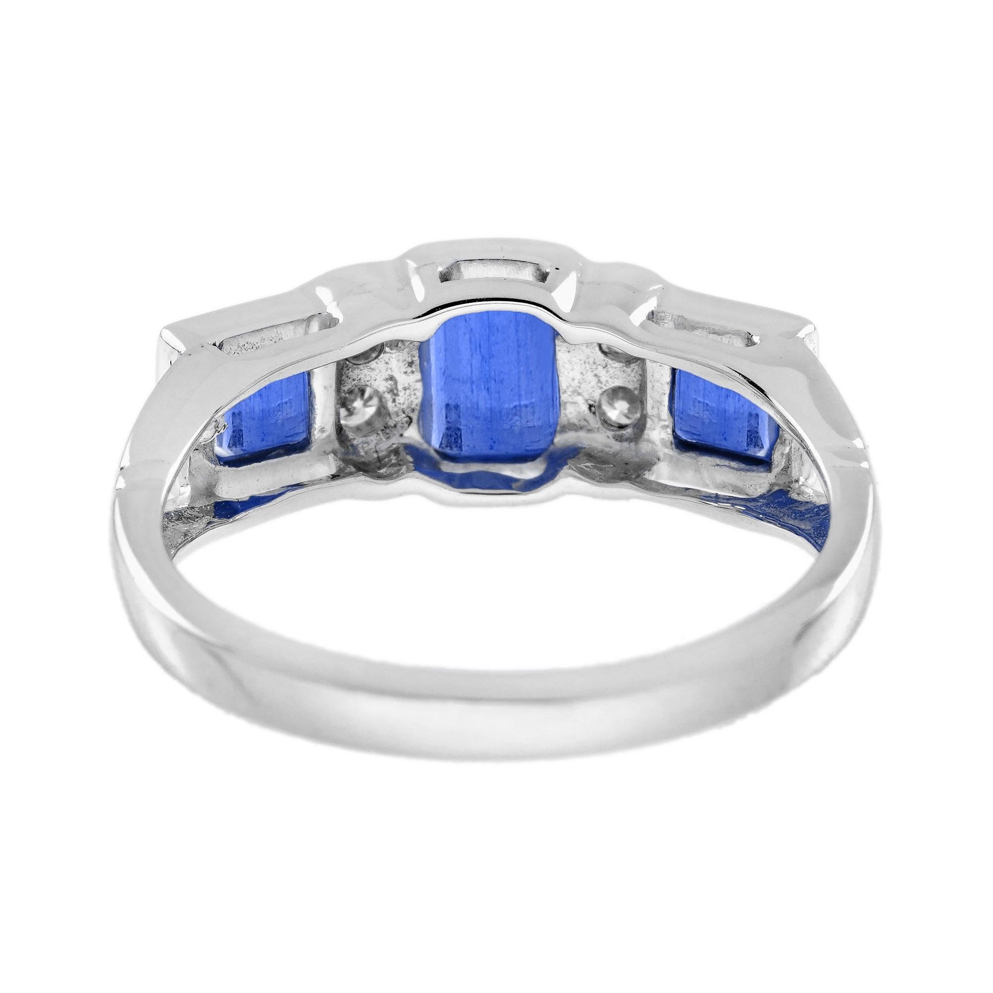 Women's Blue Sapphire and Diamond Art Deco Style Three Stone Ring in 14K White Gold For Sale