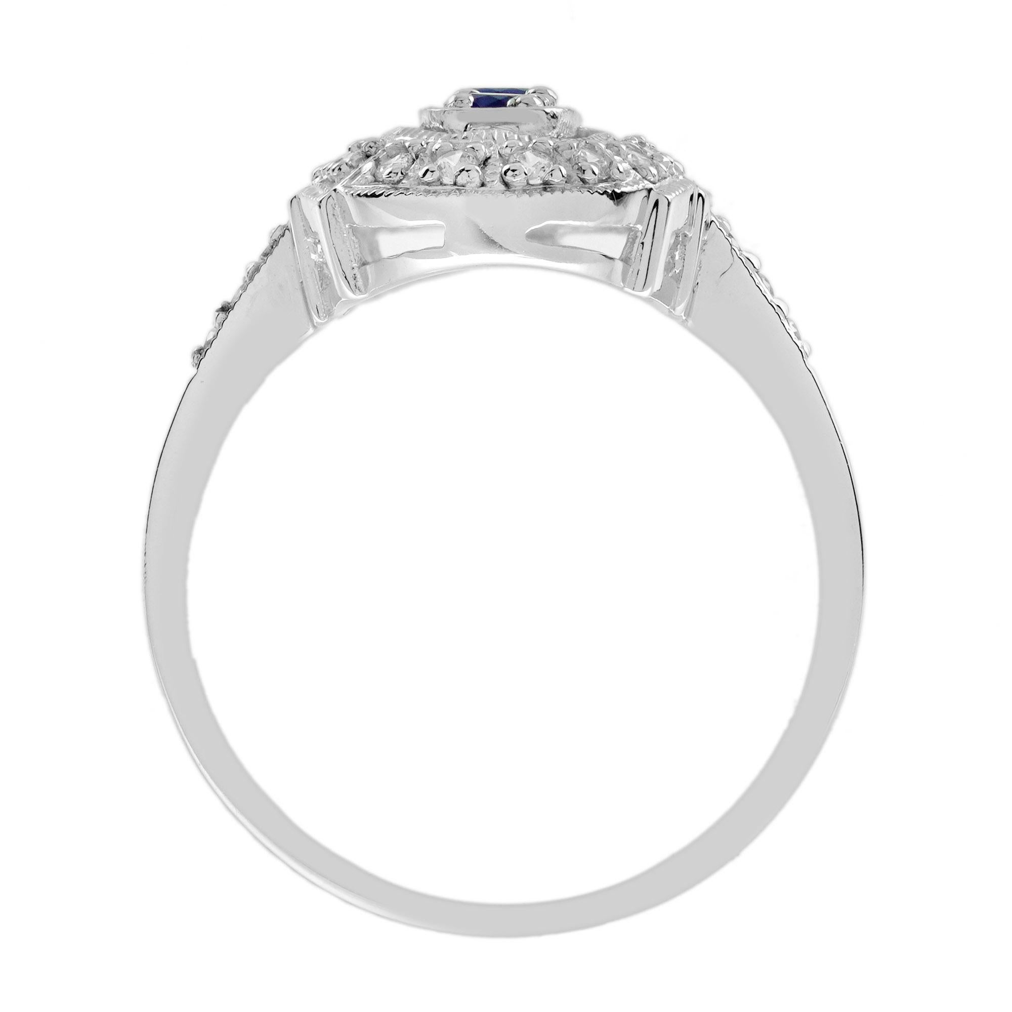 Blue Sapphire and Diamond Art Deco Style Three Stone Ring in 14K White Gold For Sale 1