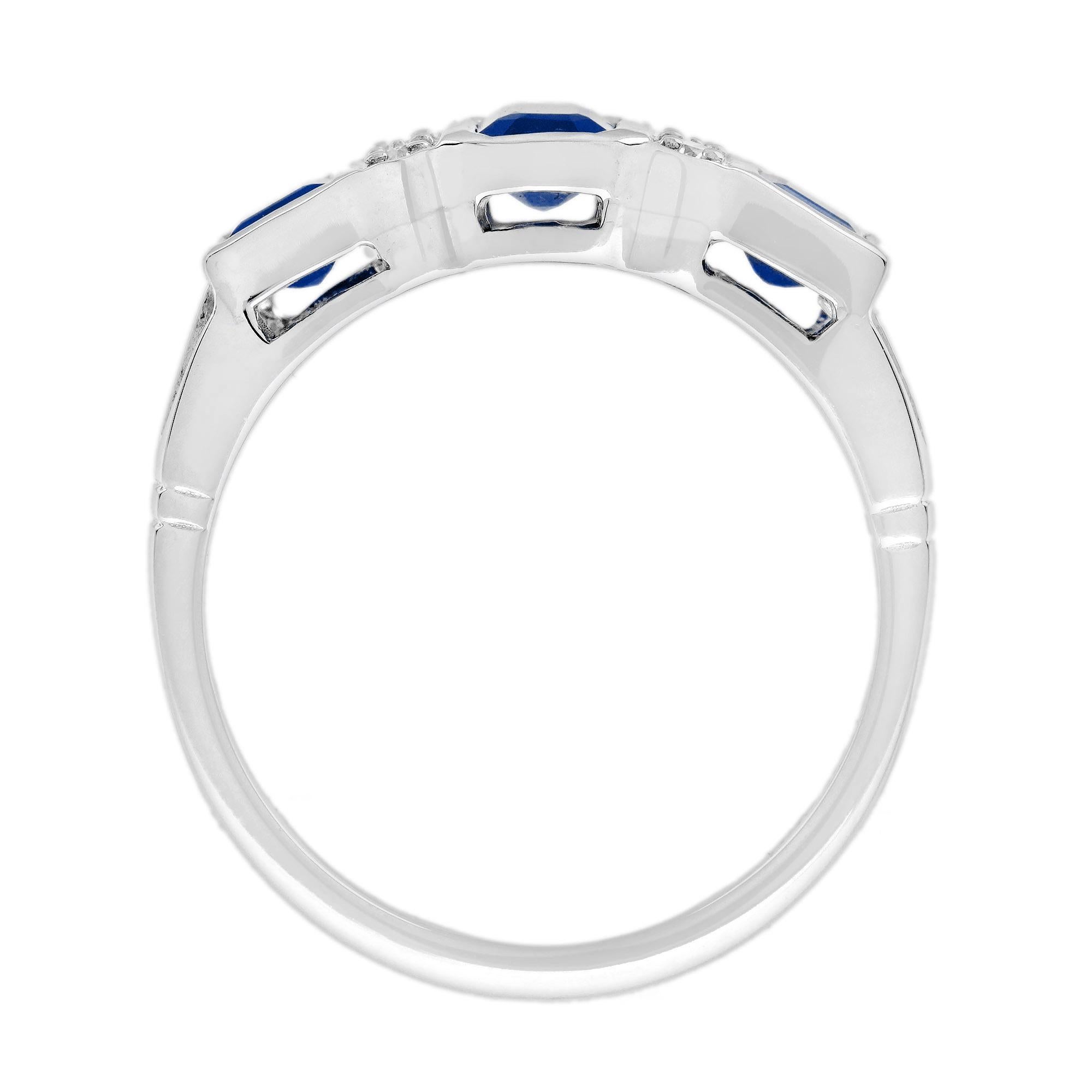 Blue Sapphire and Diamond Art Deco Style Three Stone Ring in 14K White Gold For Sale 1