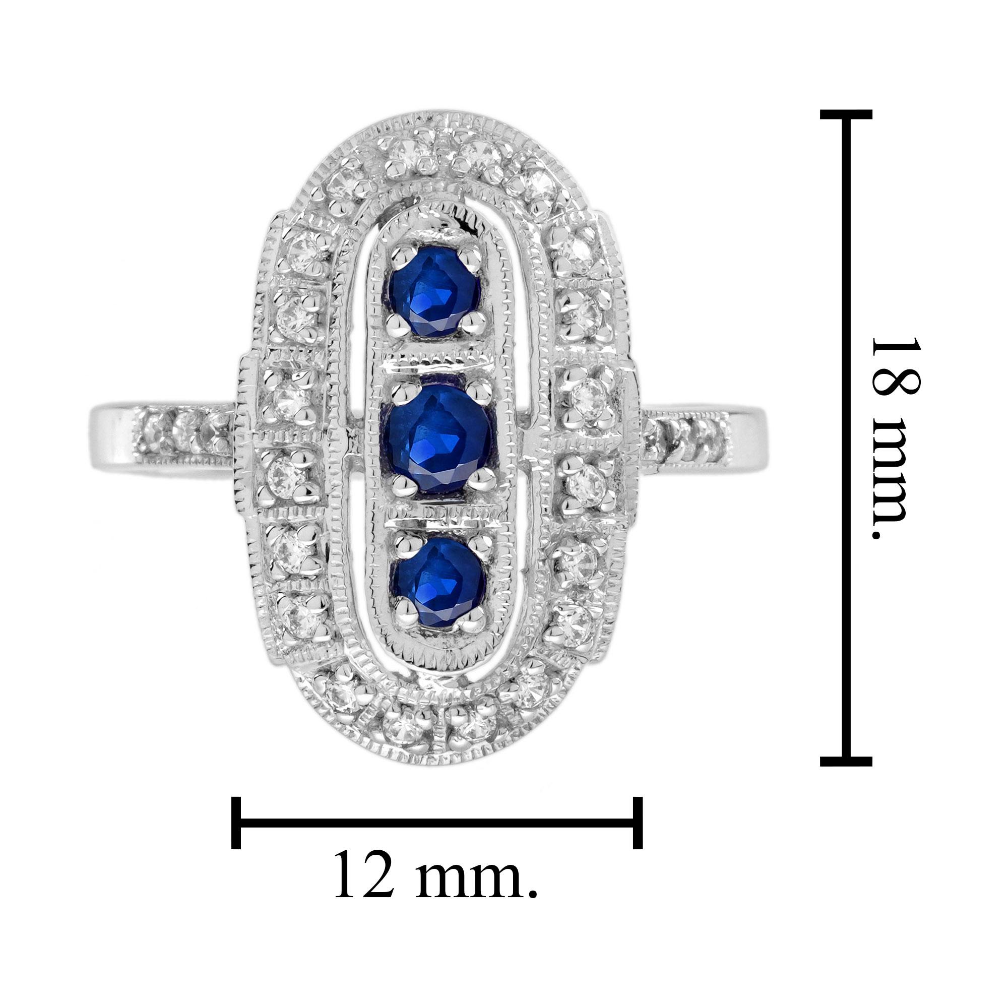Blue Sapphire and Diamond Art Deco Style Three Stone Ring in 14K White Gold For Sale 2