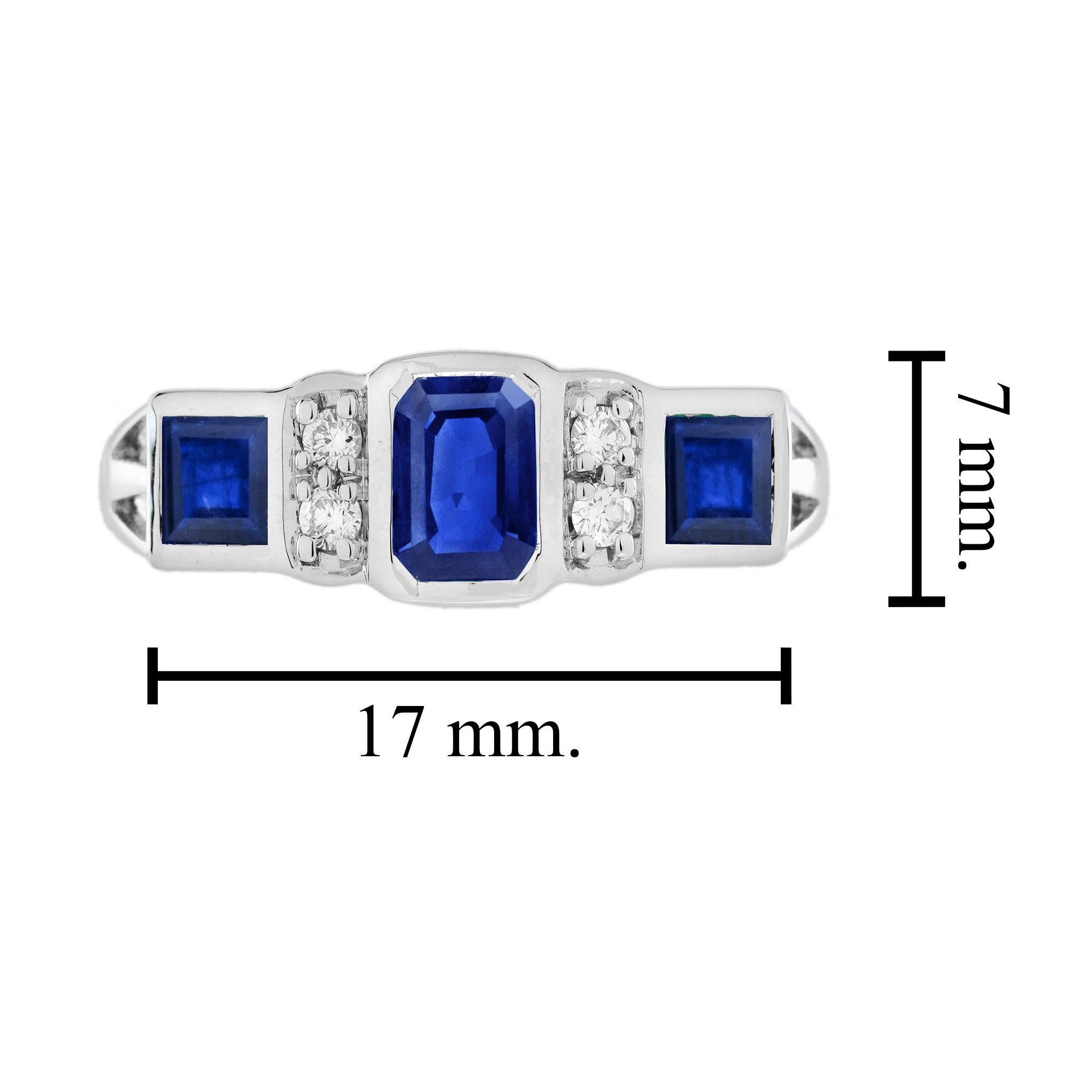 Blue Sapphire and Diamond Art Deco Style Three Stone Ring in 14K White Gold For Sale 2