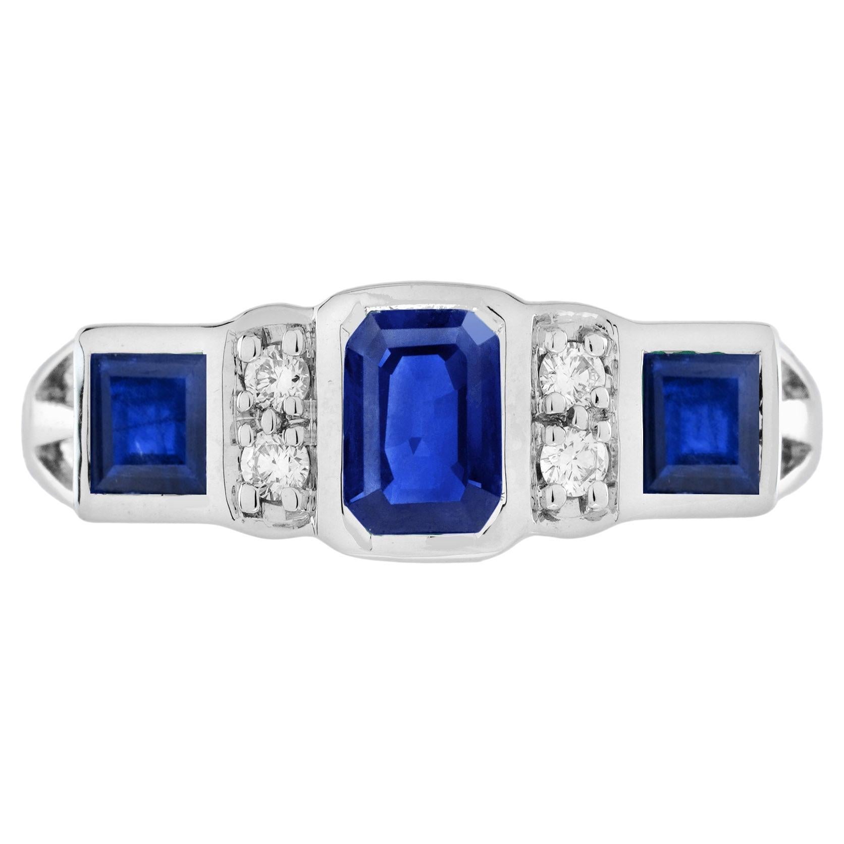 Ring mit drei Steinen im Art-Déco-Stil aus 14 Karat Weißgold mit blauem Saphir und Diamant