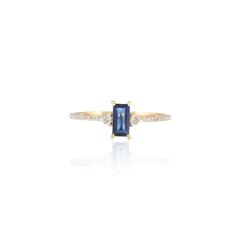 Baguette Blue Sapphire Diamond Everyday Ring in 14k Solid Yellow Gold