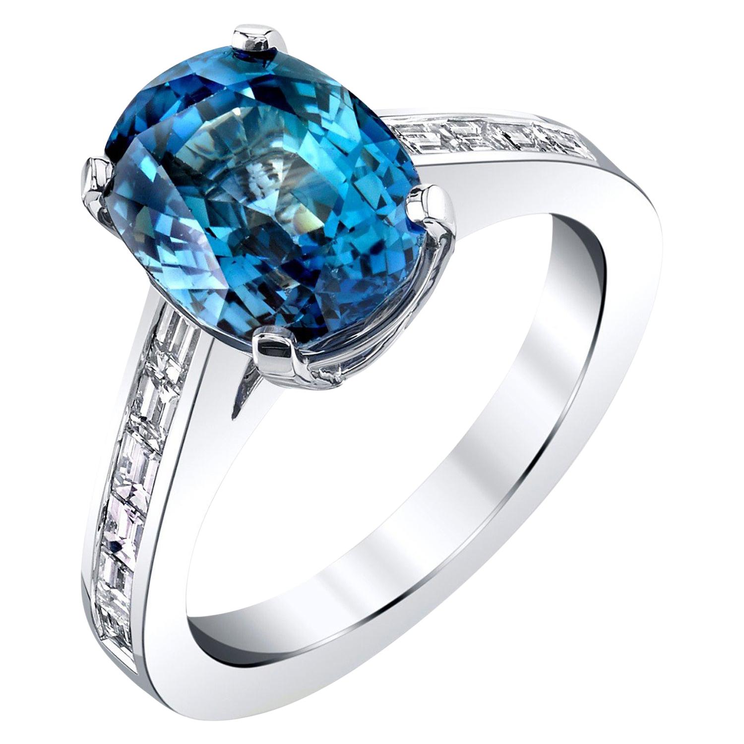 Blue Sapphire and Diamond Baguette Ring 18k White Gold